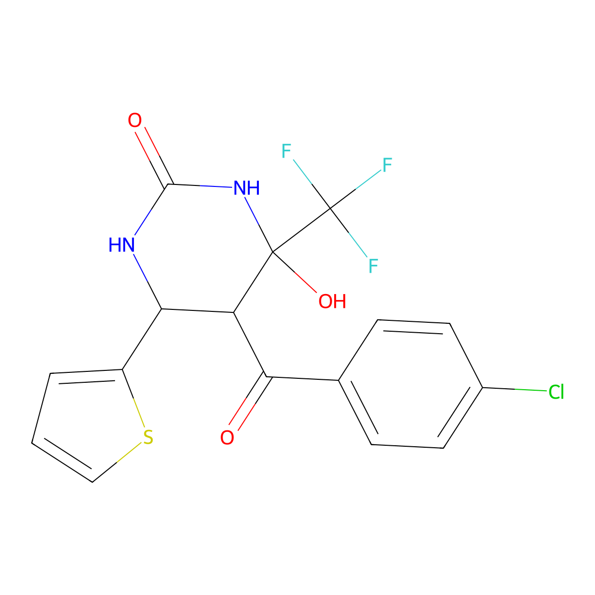 5-(4-chlorobenzoyl)-4-hydroxy-6-(thiophen-2-yl)-4-(trifluoromethyl)tetrahydropyrimidin-2(1H)-one molecular structure, CAS 474008-12-3