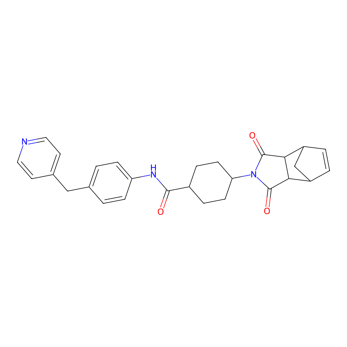 4-(1,3-dioxo-3a,4,7,7a-tetrahydro-1H-4,7-methanoisoindol-2(3H)-yl)-N-(4-(pyridin-4-ylmethyl)phenyl)cyclohexanecarboxamide molecular structure, CAS 474090-95-4