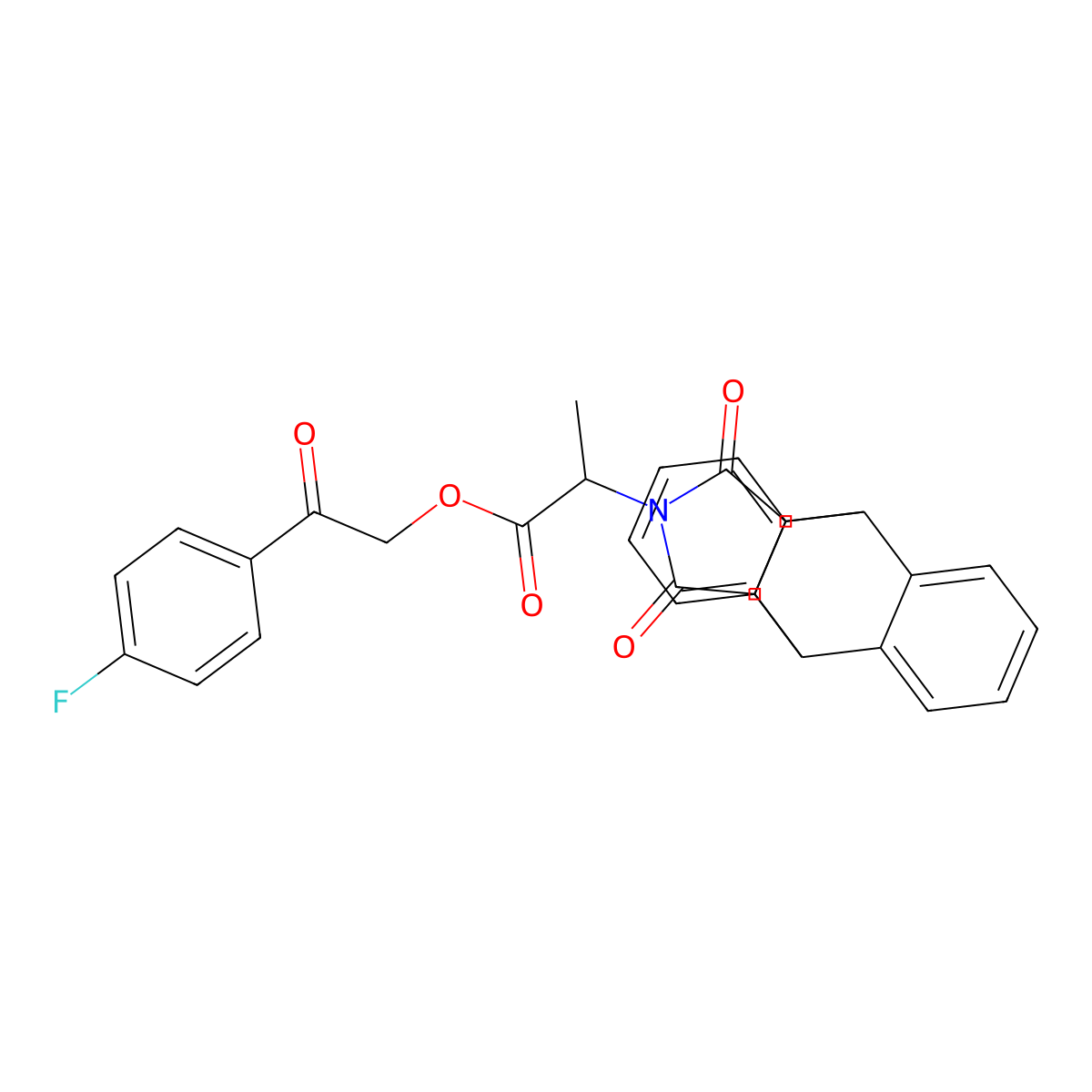2-(4-Fluorophenyl)-2-oxoethyl 2-(16,18-dioxo-17-azapentacyclo[6.6.5.0~2,7~.0~9,14~.0~15,19~]nonadeca-2,4,6,9,11,13-hexaen-17-yl)propanoate (non-preferred name) molecular structure, CAS 474091-10-6