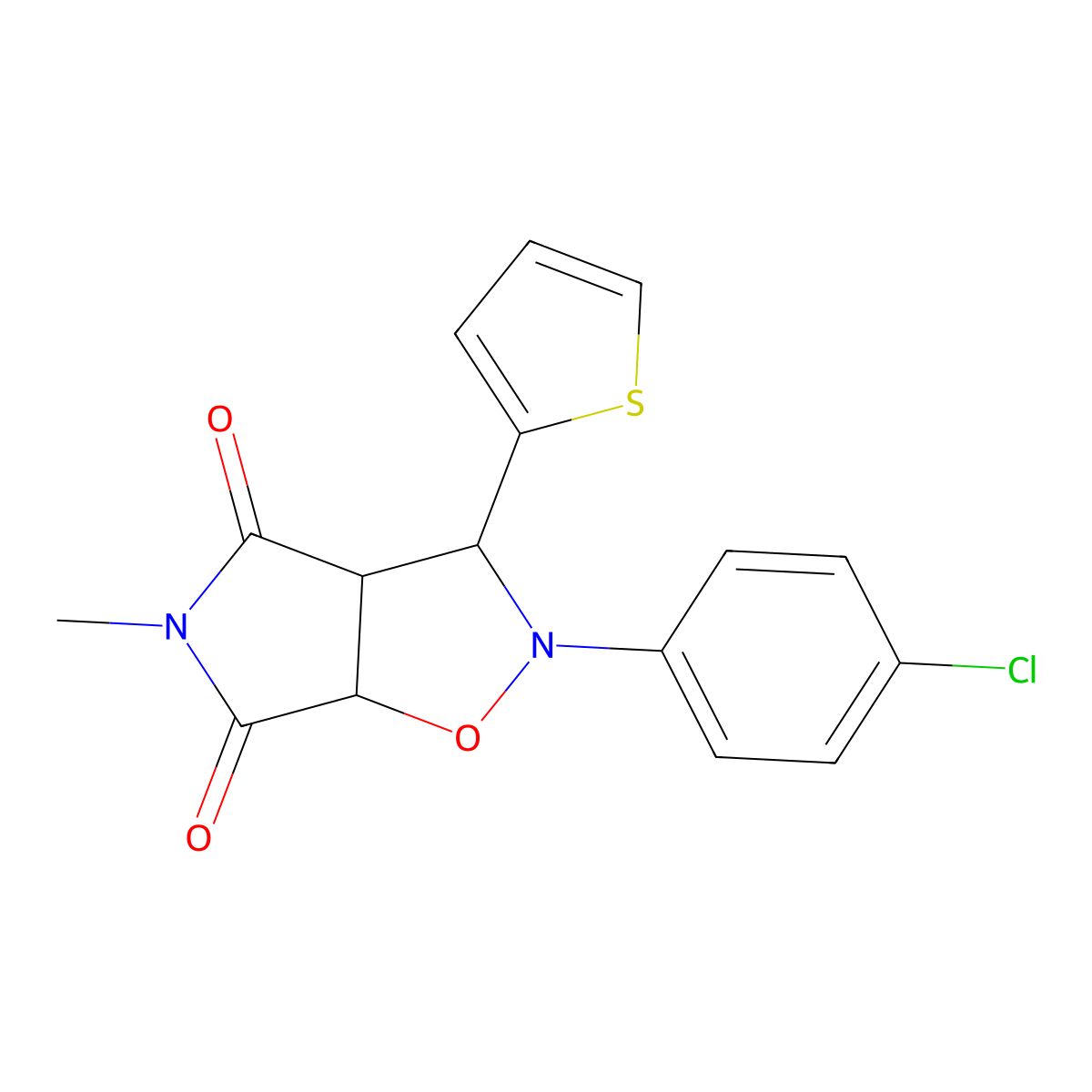 2-(4-chlorophenyl)-5-methyl-3-(thiophen-2-yl)dihydro-2H-pyrrolo[3,4-d]isoxazole-4,6(5H,6aH)-dione molecular structure, CAS 474255-23-7