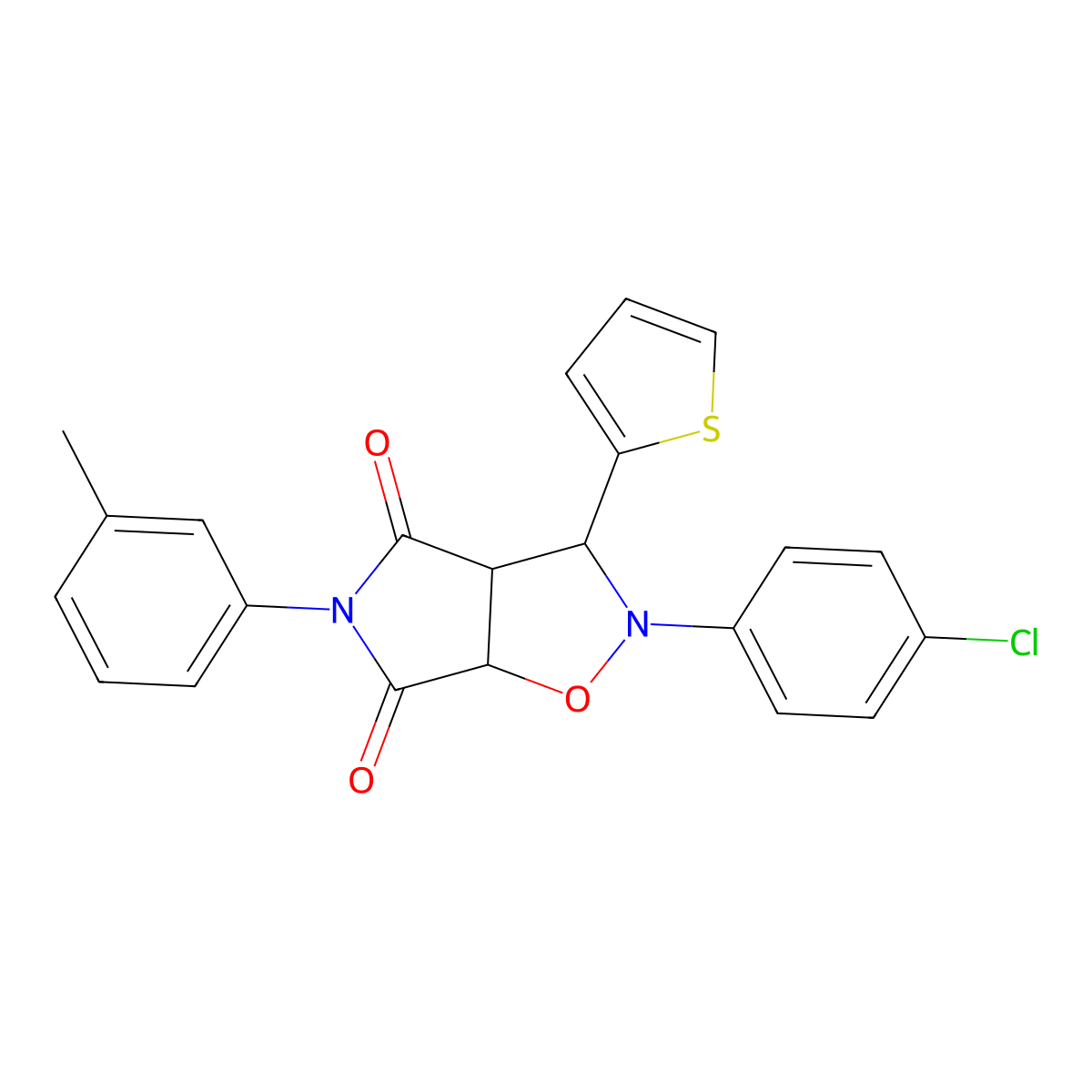 2-(4-chlorophenyl)-3-(thiophen-2-yl)-5-(m-tolyl)dihydro-2H-pyrrolo[3,4-d]isoxazole-4,6(5H,6aH)-dione molecular structure, CAS 474255-37-3