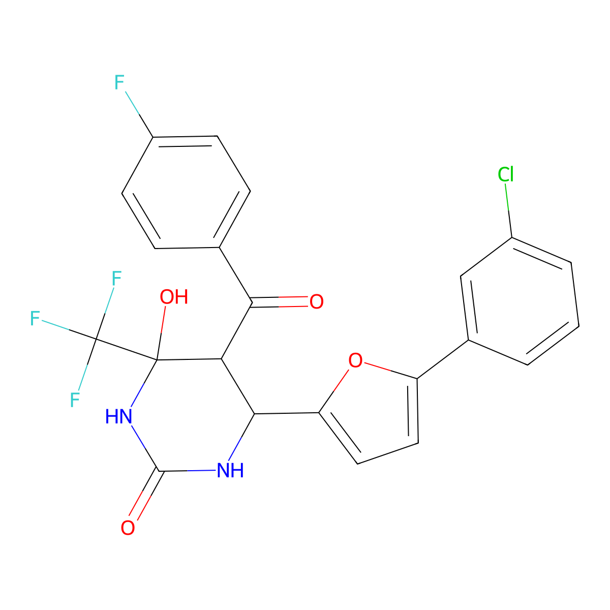 6-[5-(3-Chlorophenyl)furan-2-yl]-5-(4-fluorobenzoyl)-4-hydroxy-4-(trifluoromethyl)-1,3-diazinan-2-one molecular structure, CAS 474255-38-4