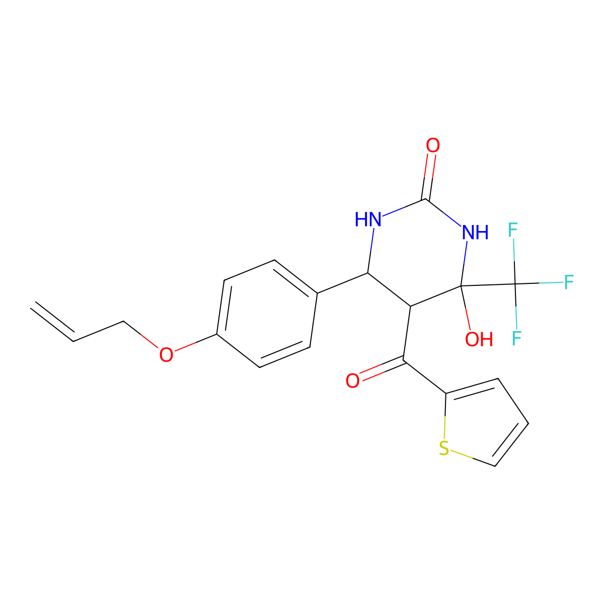 6-(4-(allyloxy)phenyl)-4-hydroxy-5-(thiophene-2-carbonyl)-4-(trifluoromethyl)tetrahydropyrimidin-2(1H)-one molecular structure, CAS 474257-40-4