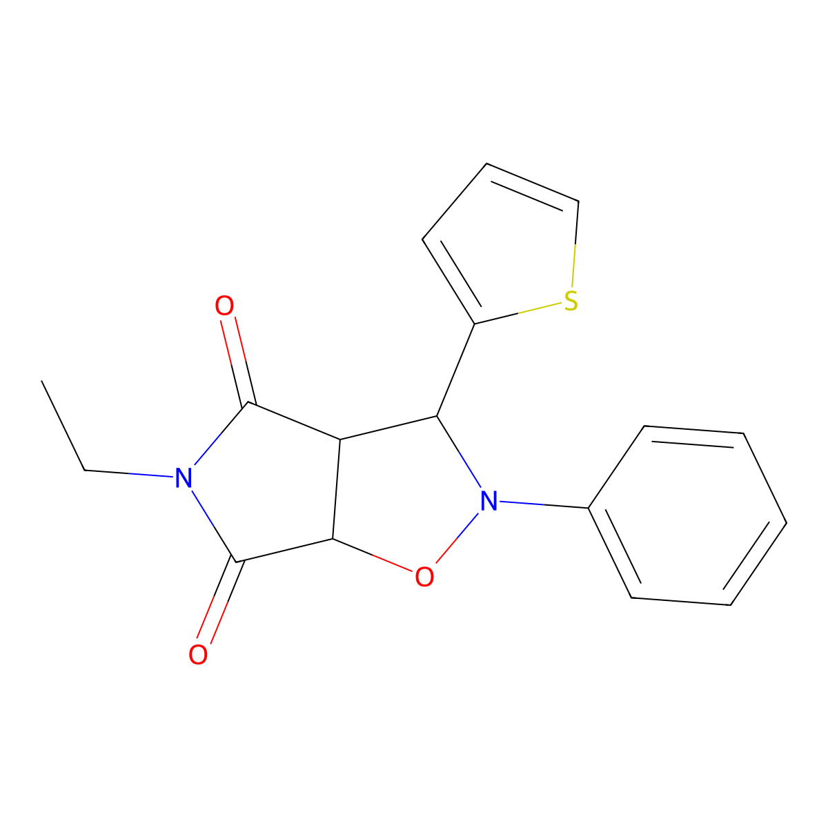 5-ethyl-2-phenyl-3-(thiophen-2-yl)dihydro-2H-pyrrolo[3,4-d][1,2]oxazole-4,6(3H,5H)-dione molecular structure, CAS 474257-63-1
