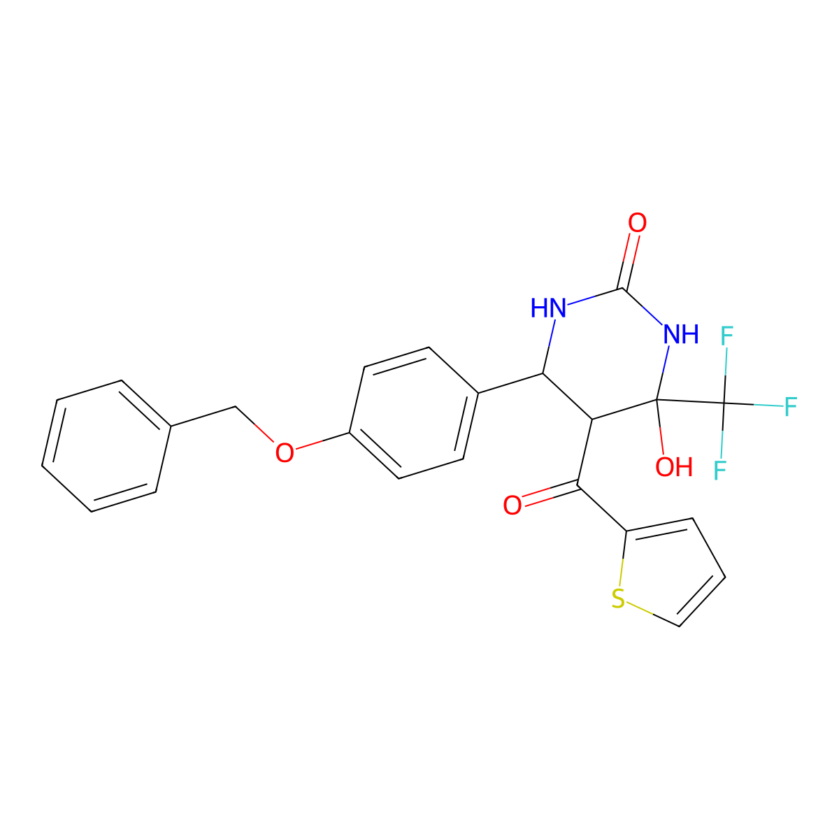 6-[4-(benzyloxy)phenyl]-4-hydroxy-5-(thiophen-2-ylcarbonyl)-4-(trifluoromethyl)tetrahydropyrimidin-2(1H)-one molecular structure, CAS 474260-35-0