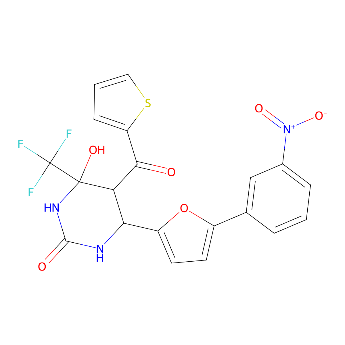 4-Hydroxy-6-[5-(3-nitrophenyl)furan-2-yl]-5-(thiophene-2-carbonyl)-4-(trifluoromethyl)-1,3-diazinan-2-one molecular structure, CAS 474260-59-8