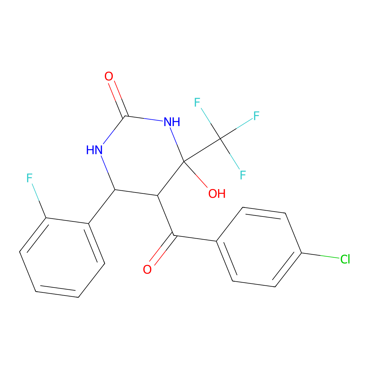 5-(4-Chlorobenzoyl)-6-(2-fluorophenyl)-4-hydroxy-4-(trifluoromethyl)-1,3-diazinan-2-one molecular structure, CAS 474260-63-4