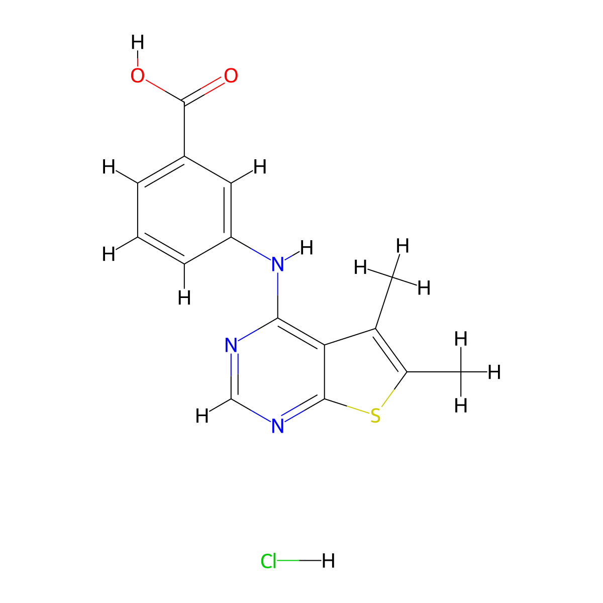 3-((5,6-Dimethylthieno[2,3-d]pyrimidin-4-yl)amino)benzoic acid hydrochloride molecular structure, CAS 474263-21-3