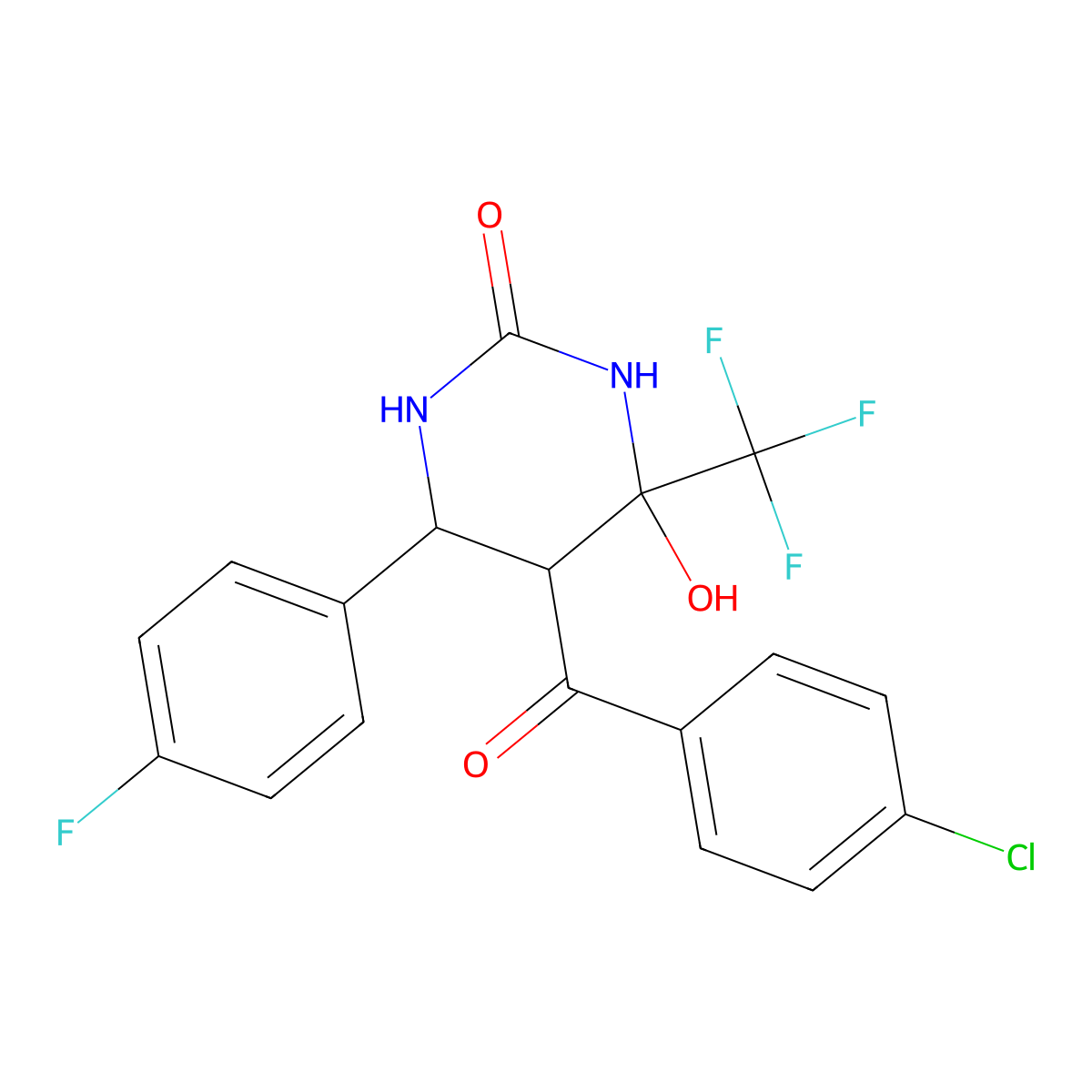 5-(4-Chlorobenzoyl)-6-(4-fluorophenyl)-4-hydroxy-4-(trifluoromethyl)-1,3-diazinan-2-one molecular structure, CAS 474302-85-7