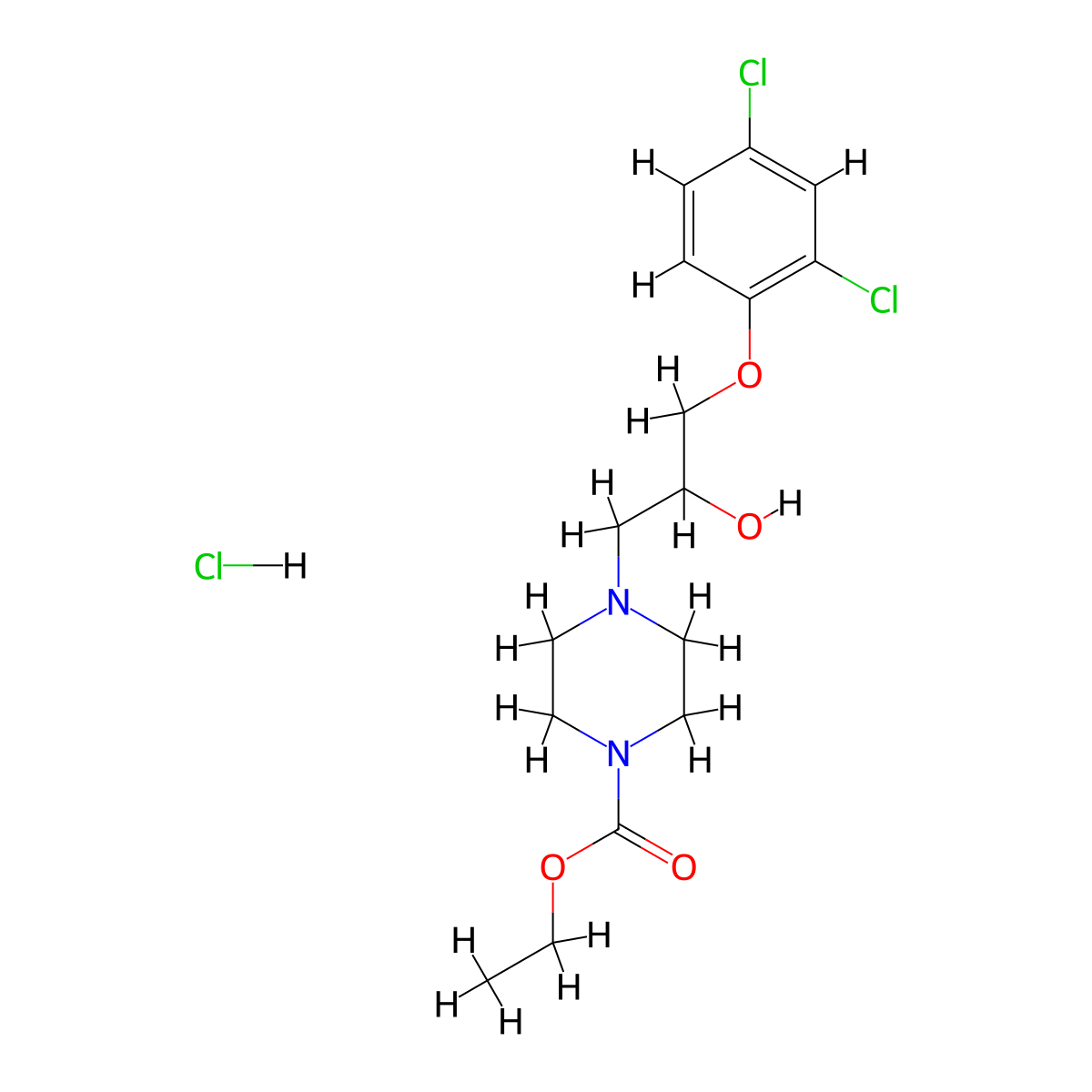 Ethyl 4-(3-(2,4-dichlorophenoxy)-2-hydroxypropyl)piperazine-1-carboxylate hydrochloride molecular structure, CAS 474302-92-6