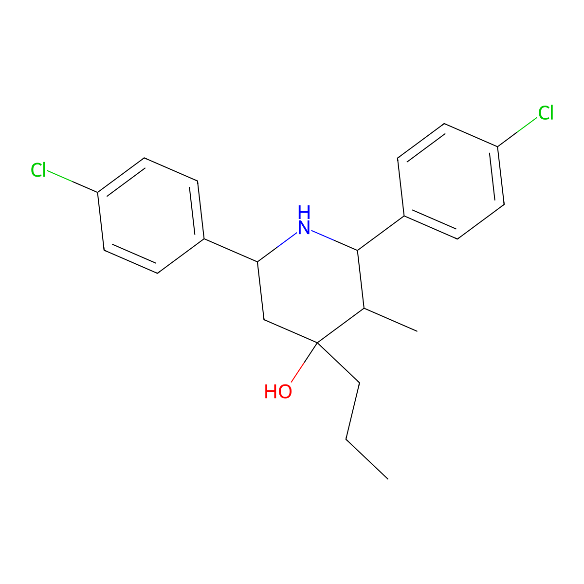 2,6-Bis(4-chlorophenyl)-3-methyl-4-propylpiperidin-4-ol molecular structure, CAS 474371-07-8