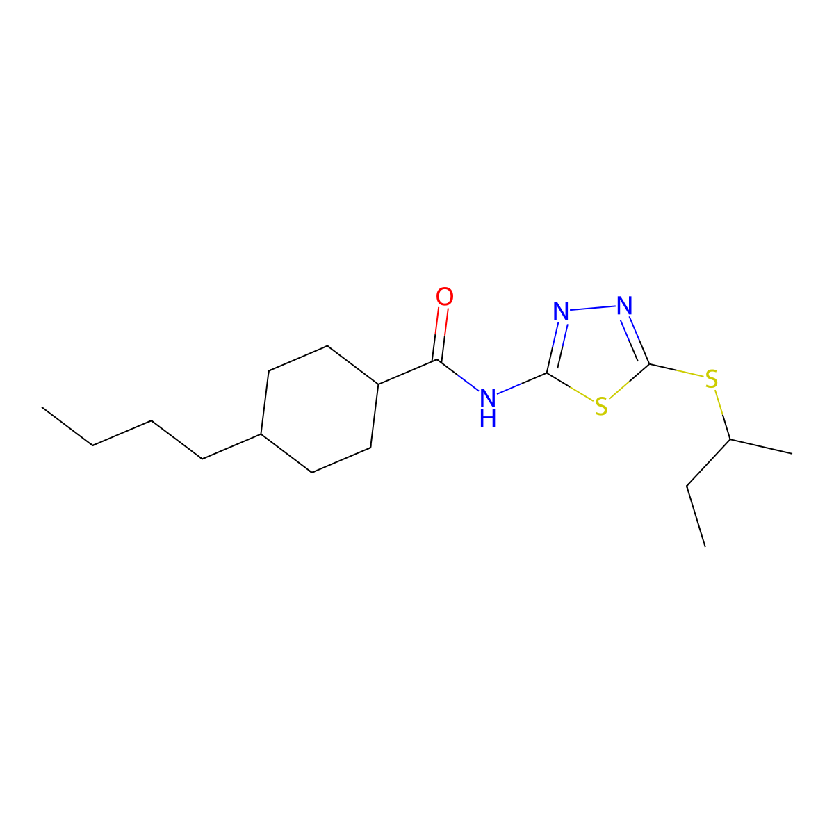 4-butyl-N-(5-(sec-butylthio)-1,3,4-thiadiazol-2-yl)cyclohexanecarboxamide molecular structure, CAS 474621-50-6