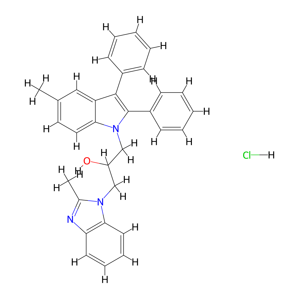 1-(2-methyl-1H-benzo[d]imidazol-1-yl)-3-(5-methyl-2,3-diphenyl-1H-indol-1-yl)propan-2-ol hydrochloride molecular structure, CAS 474621-63-1
