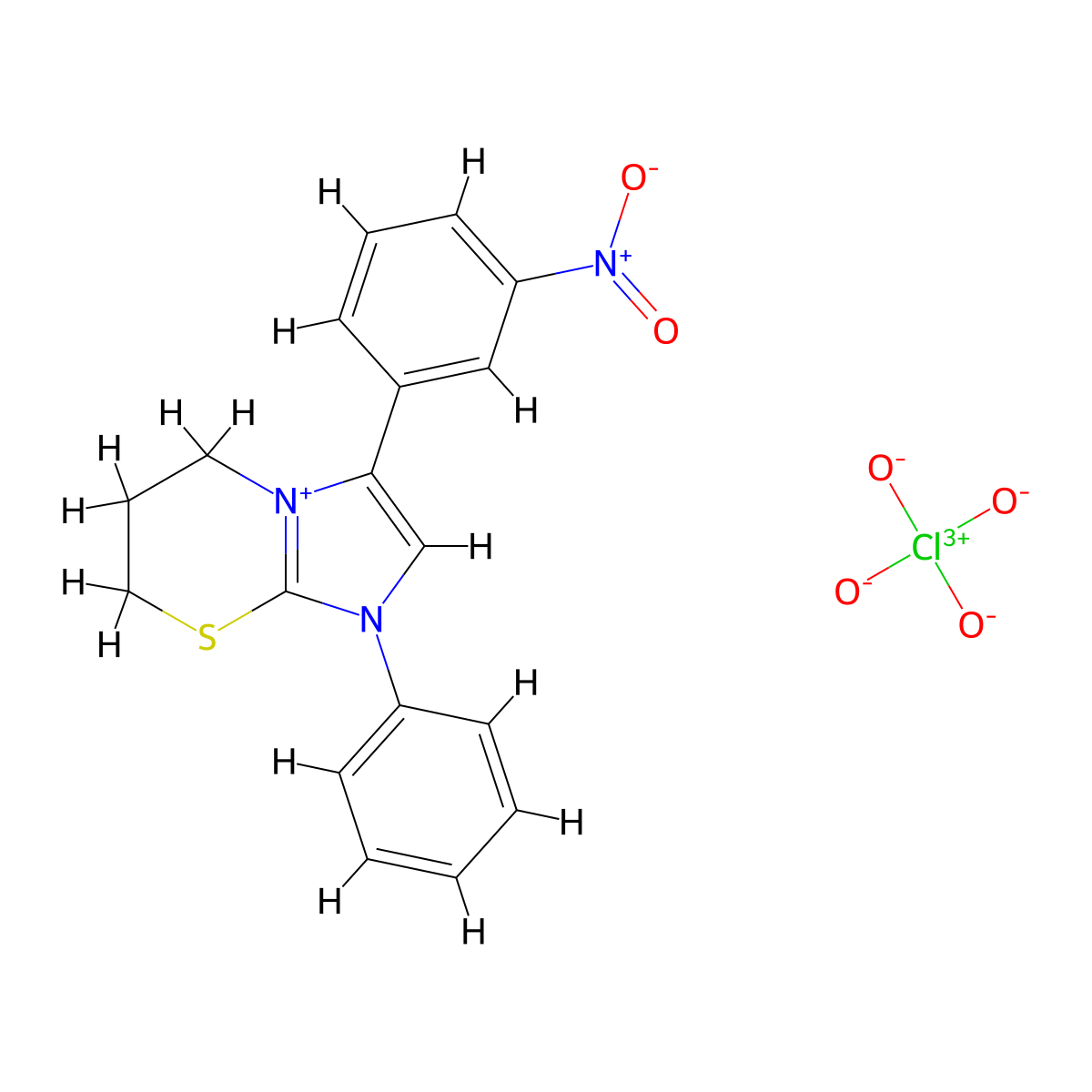 3-(3-nitrophenyl)-1-phenyl-6,7-dihydro-5H-imidazo[2,1-b][1,3]thiazin-1-ium perchlorate molecular structure, CAS 474621-69-7