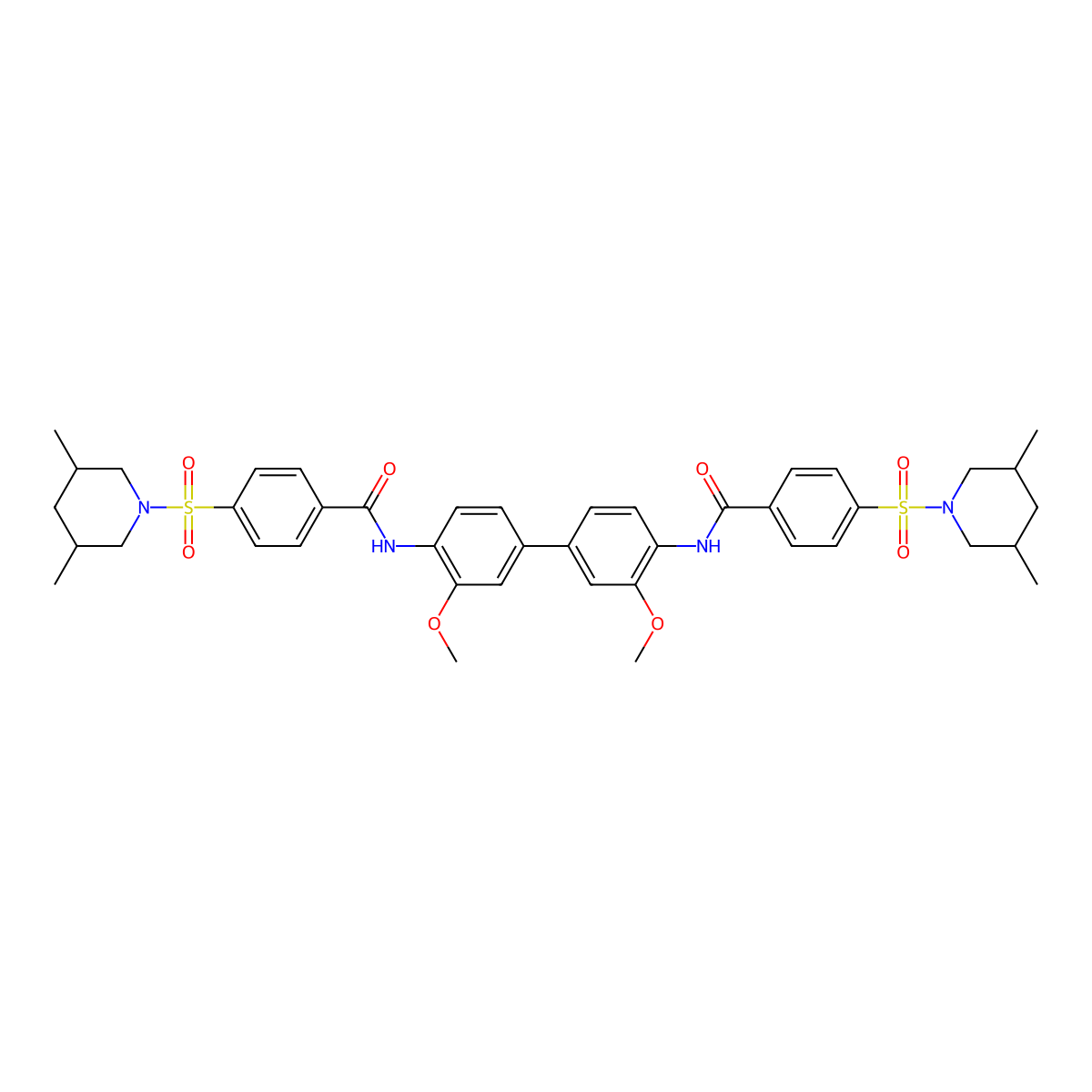 4-(3,5-dimethylpiperidin-1-yl)sulfonyl-N-[4-[4-[[4-(3,5-dimethylpiperidin-1-yl)sulfonylbenzoyl]amino]-3-methoxyphenyl]-2-methoxyphenyl]benzamide molecular structure, CAS 474621-87-9