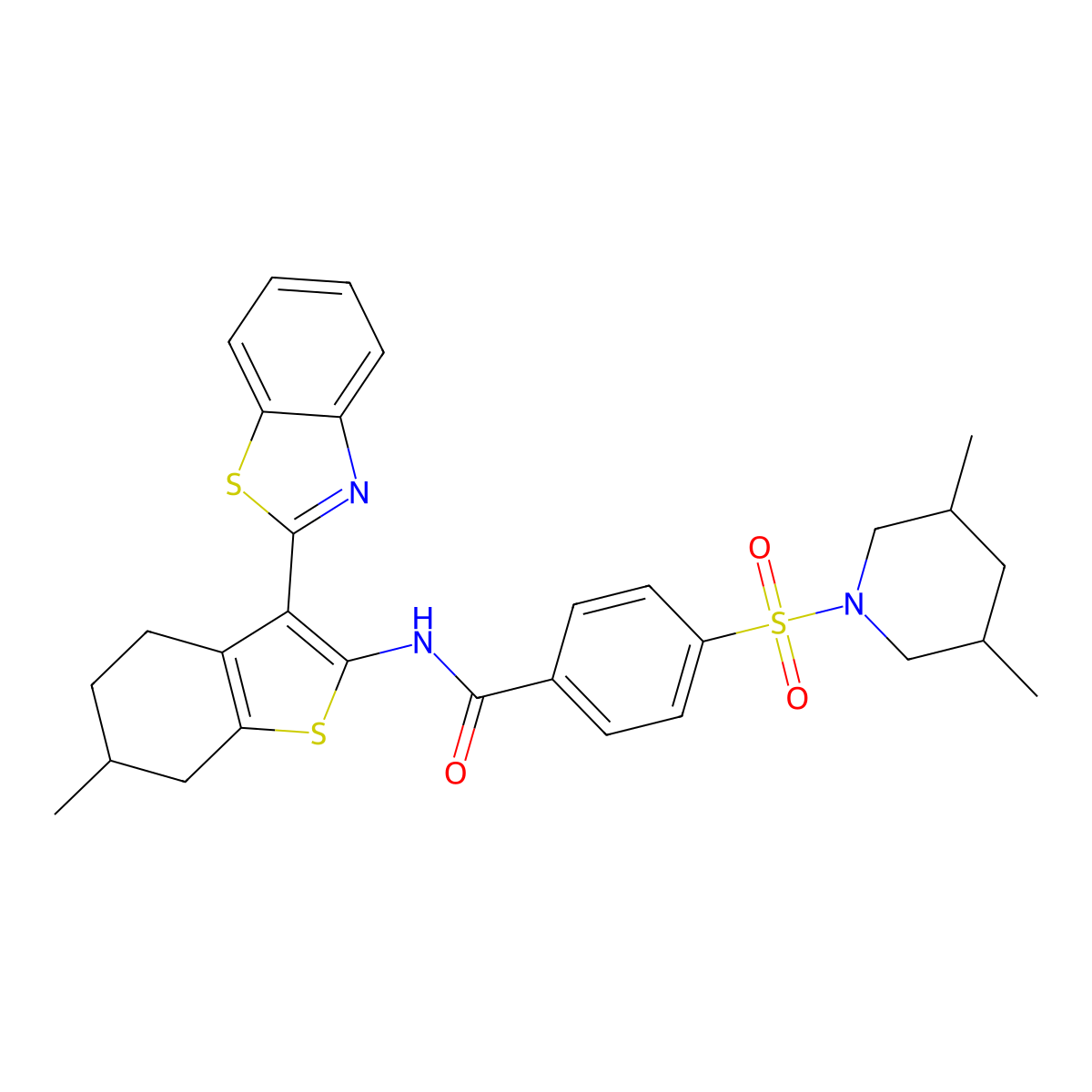 N-(3-(benzo[d]thiazol-2-yl)-6-methyl-4,5,6,7-tetrahydrobenzo[b]thiophen-2-yl)-4-((3,5-dimethylpiperidin-1-yl)sulfonyl)benzamide molecular structure, CAS 474621-88-0