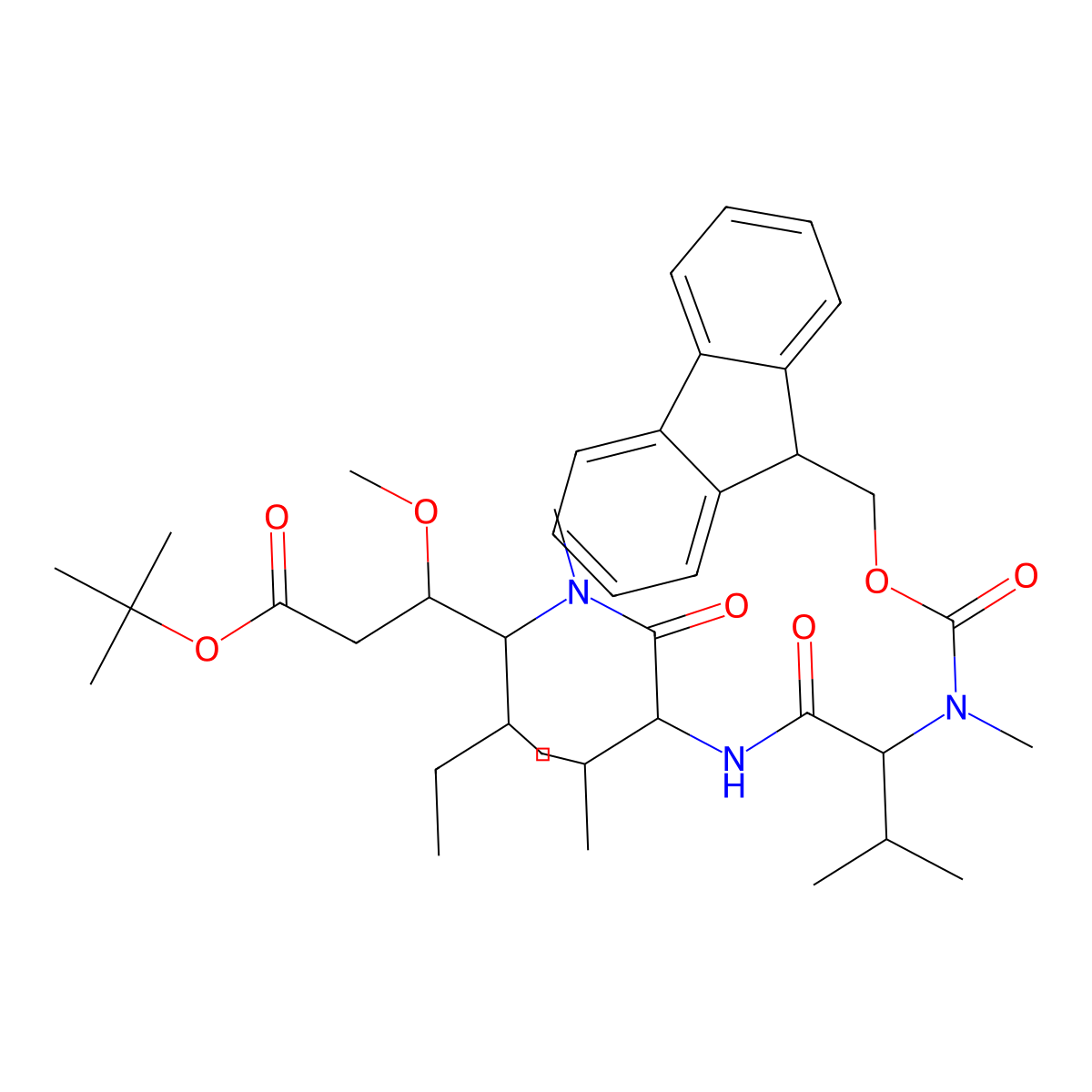 tert-butyl (5S,8S,11S,12R)-11-((S)-sec-butyl)-1-(9H-fluoren-9-yl)-5,8-diisopropyl-12-methoxy-4,10-dimethyl-3,6,9-trioxo-2-oxa-4,7,10-triazatetradecan-14-oate molecular structure, CAS 474645-25-5
