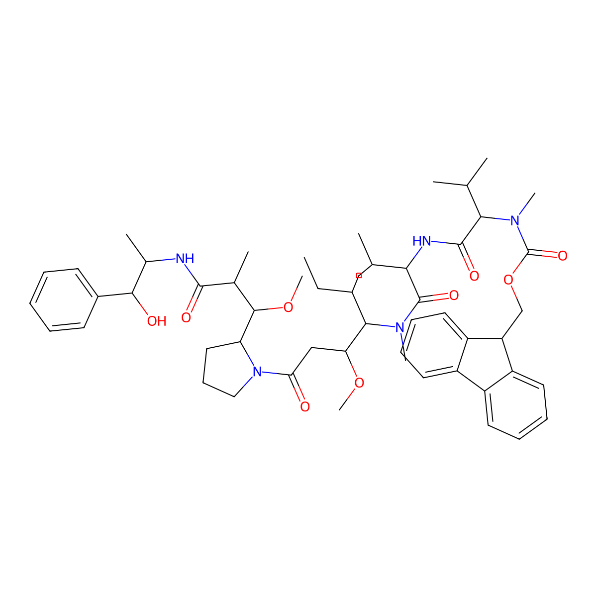 (9H-fluoren-9-yl)methyl ((S)-1-(((S)-1-(((3R,4S,5S)-1-((S)-2-((1R,2R)-3-(((1S,2R)-1-hydroxy-1-phenylpropan-2-yl)amino)-1-methoxy-2-methyl-3-oxopropyl)pyrrolidin-1-yl)-3-methoxy-5-methyl-1-oxoheptan-4-yl)(methyl)amino)-3-methyl-1-oxobutan-2-yl)amino)-3-methyl-1-oxobutan-2-yl)(methyl)carbamate molecular structure, CAS 474645-26-6