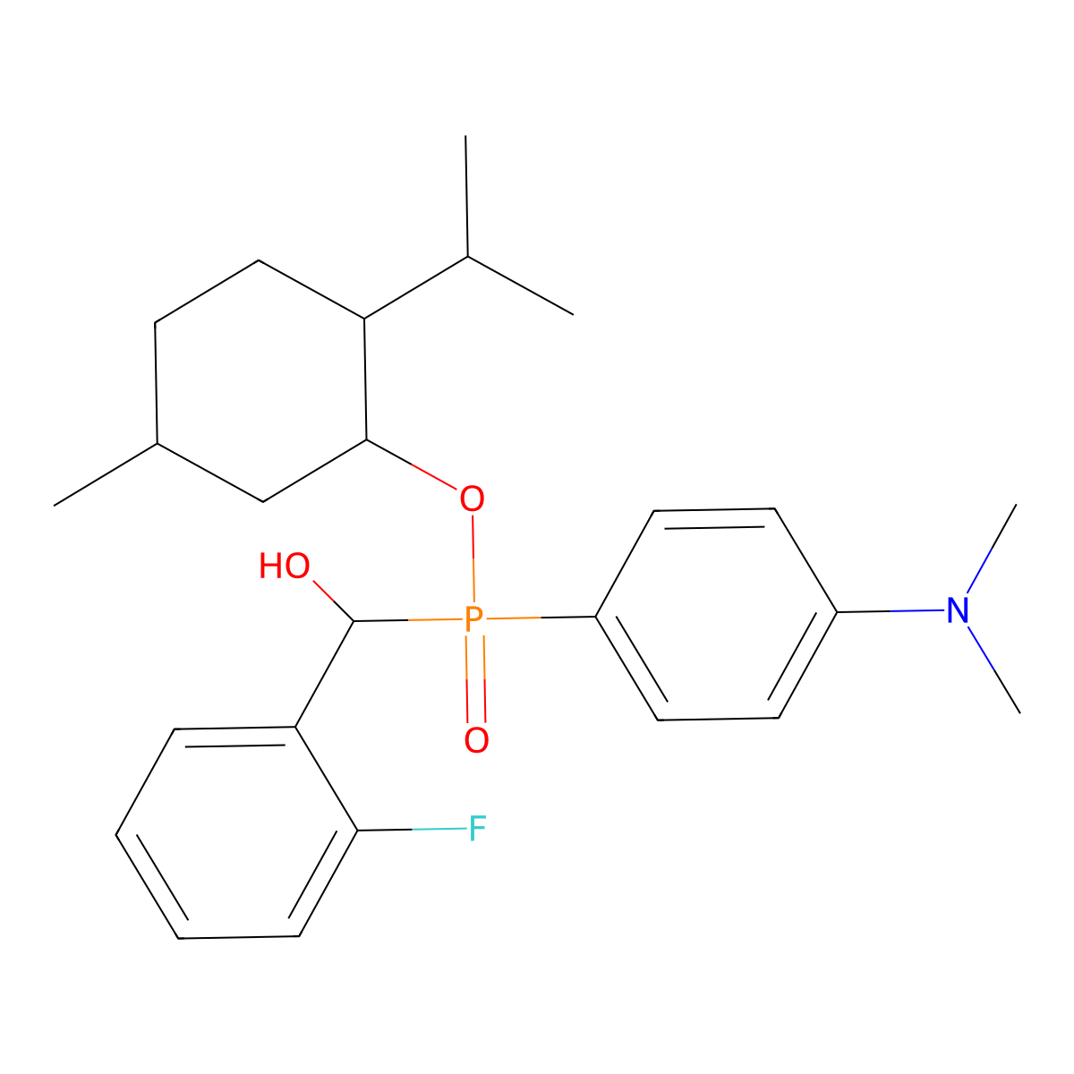 2-Isopropyl-5-methylcyclohexyl (4-(dimethylamino)phenyl)((2-fluorophenyl)(hydroxy)methyl)phosphinate molecular structure, CAS 474879-23-7