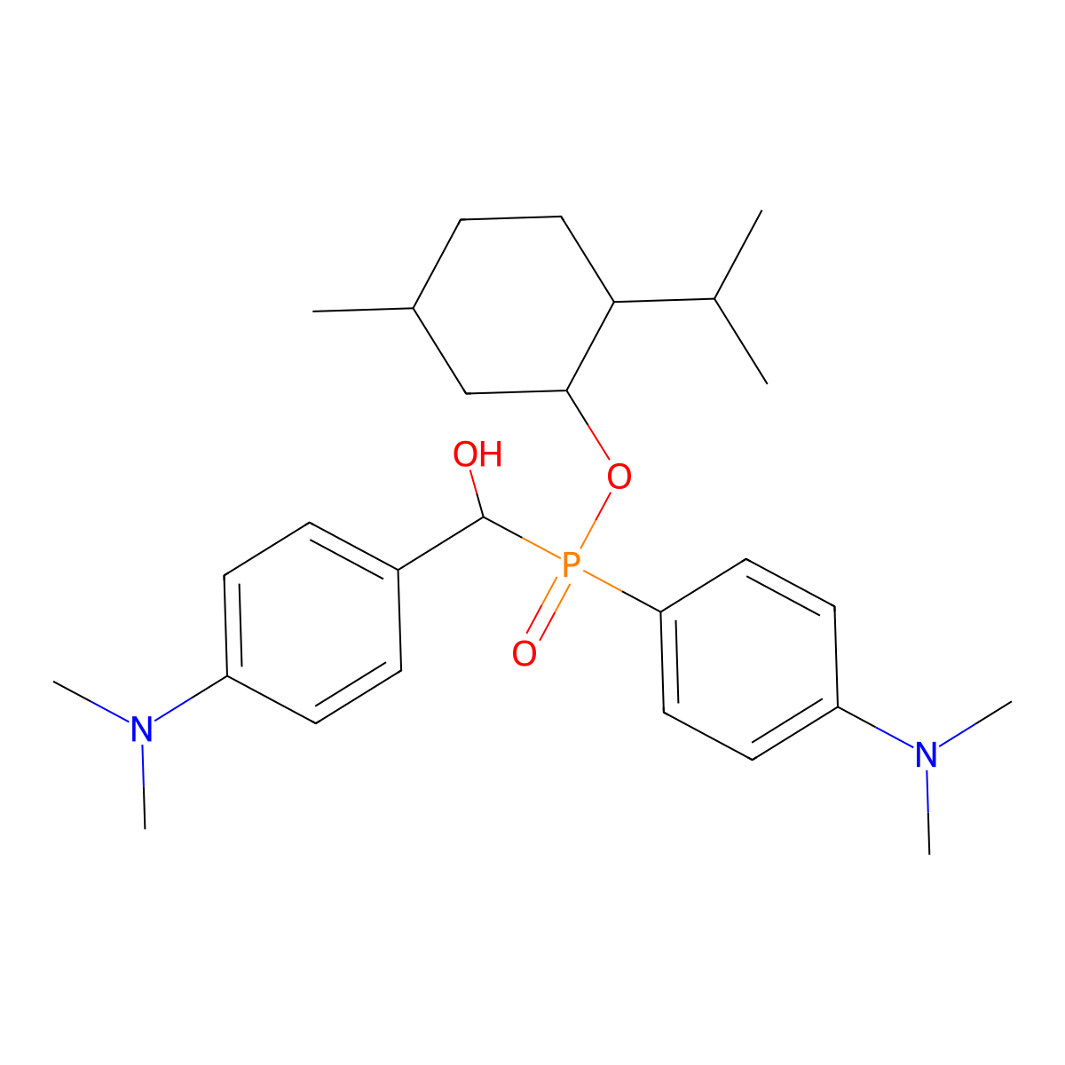 2-Isopropyl-5-methylcyclohexyl (4-(dimethylamino)phenyl)((4-(dimethylamino)phenyl)(hydroxy)methyl)phosphinate molecular structure, CAS 474879-27-1