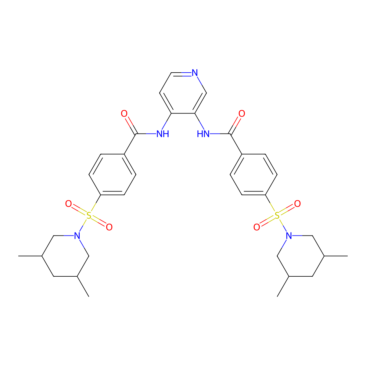 4-(3,5-dimethylpiperidin-1-yl)sulfonyl-N-[3-[[4-(3,5-dimethylpiperidin-1-yl)sulfonylbenzoyl]amino]pyridin-4-yl]benzamide molecular structure, CAS 474881-37-3