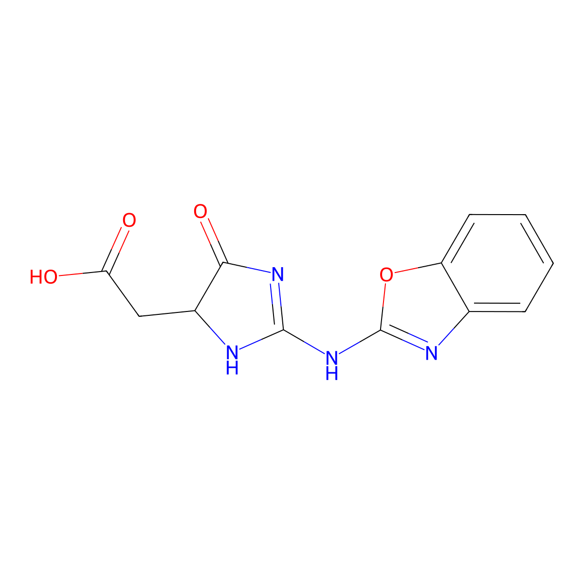 [2-(Benzooxazol-2-ylamino)-5-oxo-4,5-dihydro-3H-imidazol-4-yl]-acetic acid molecular structure, CAS 475100-21-1