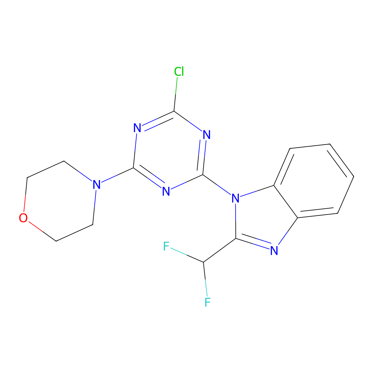 4-(4-chloro-6-(2-(difluoromethyl)-1H-benzo[d]imidazol-1-yl)-1,3,5-triazin-2-yl)morpholine molecular structure, CAS 475111-38-7