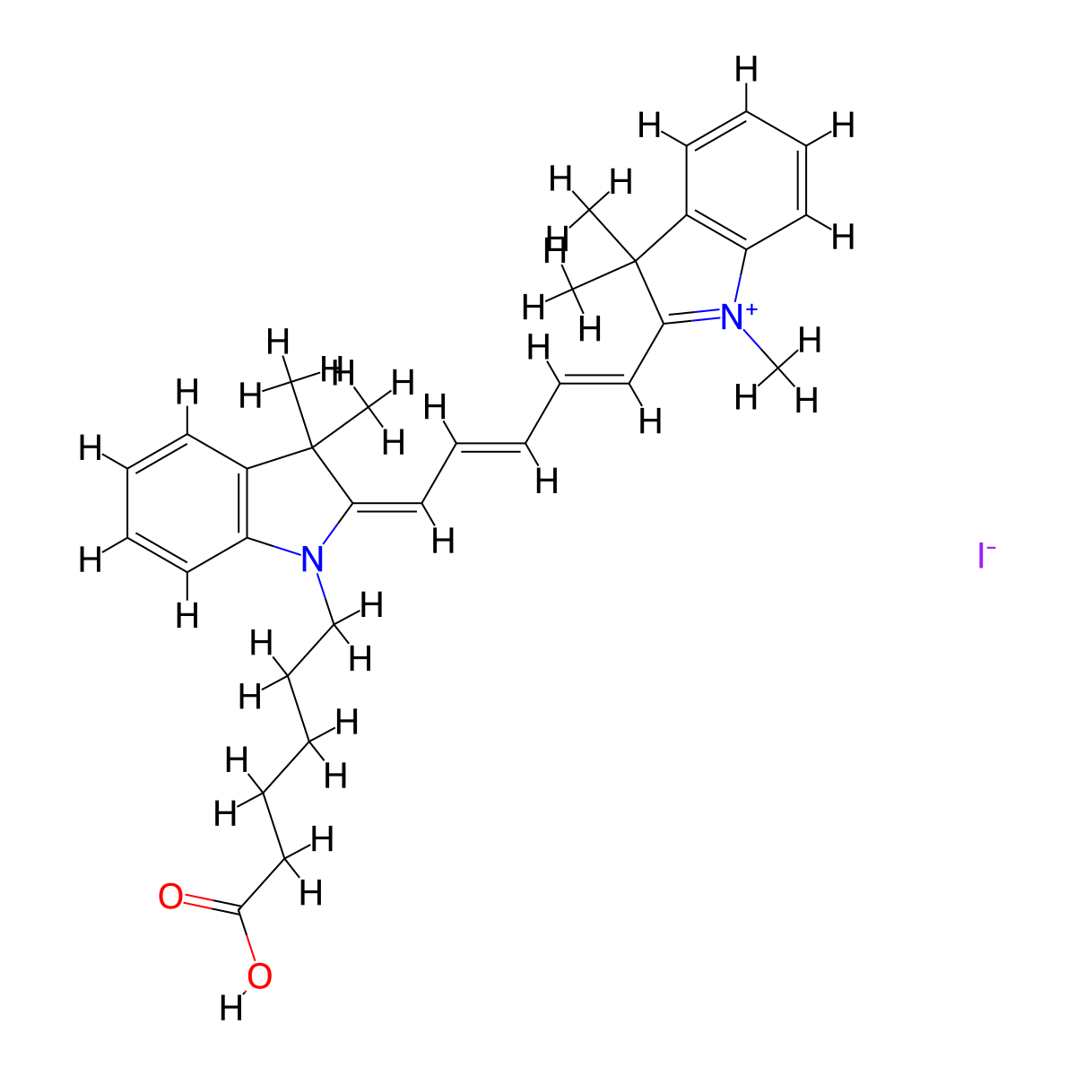 2-[(1E,3E)-5-[(2E)-1-(5-carboxypentyl)-3,3-dimethyl-2,3-dihydro-1H-indol-2-ylidene]penta-1,3-dien-1-yl]-1,3,3-trimethyl-3H-indol-1-ium iodide molecular structure, CAS 475114-20-6