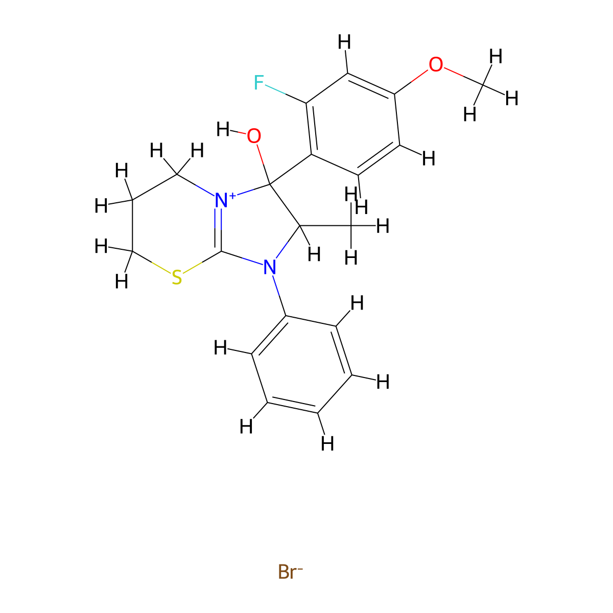 3-(2-fluoro-4-methoxyphenyl)-3-hydroxy-2-methyl-1-phenyl-2H,3H,5H,6H,7H-1lambda5-imidazo[2,1-b][1,3]thiazin-1-ylium bromide molecular structure, CAS 475158-17-9