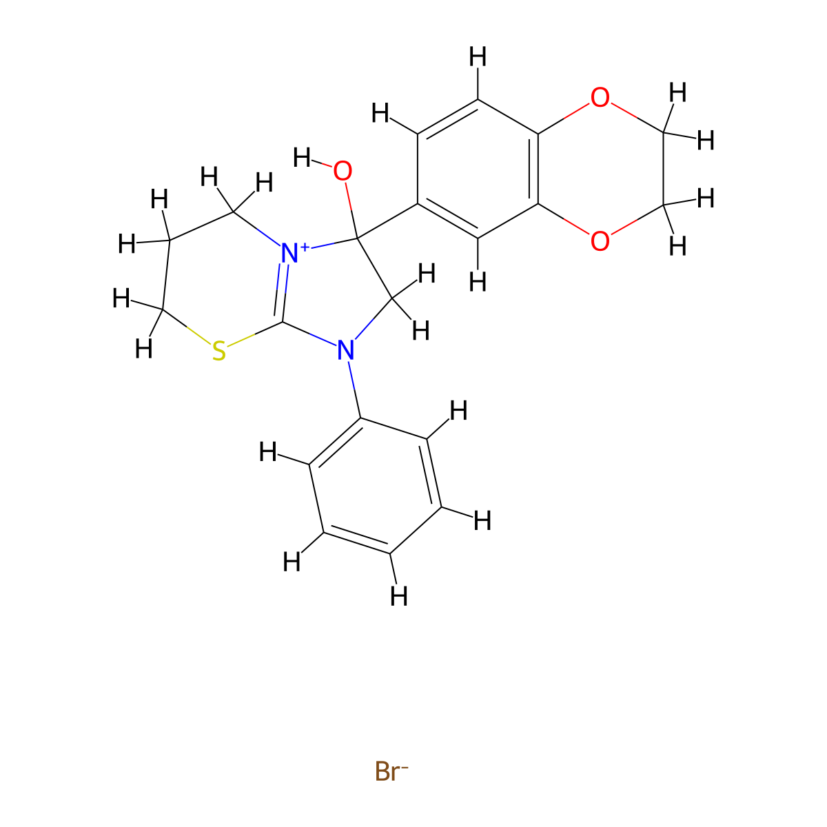 3-(2,3-dihydrobenzo[b][1,4]dioxin-6-yl)-3-hydroxy-1-phenyl-3,5,6,7-tetrahydro-2H-imidazo[2,1-b][1,3]thiazin-1-ium bromide molecular structure, CAS 475158-19-1