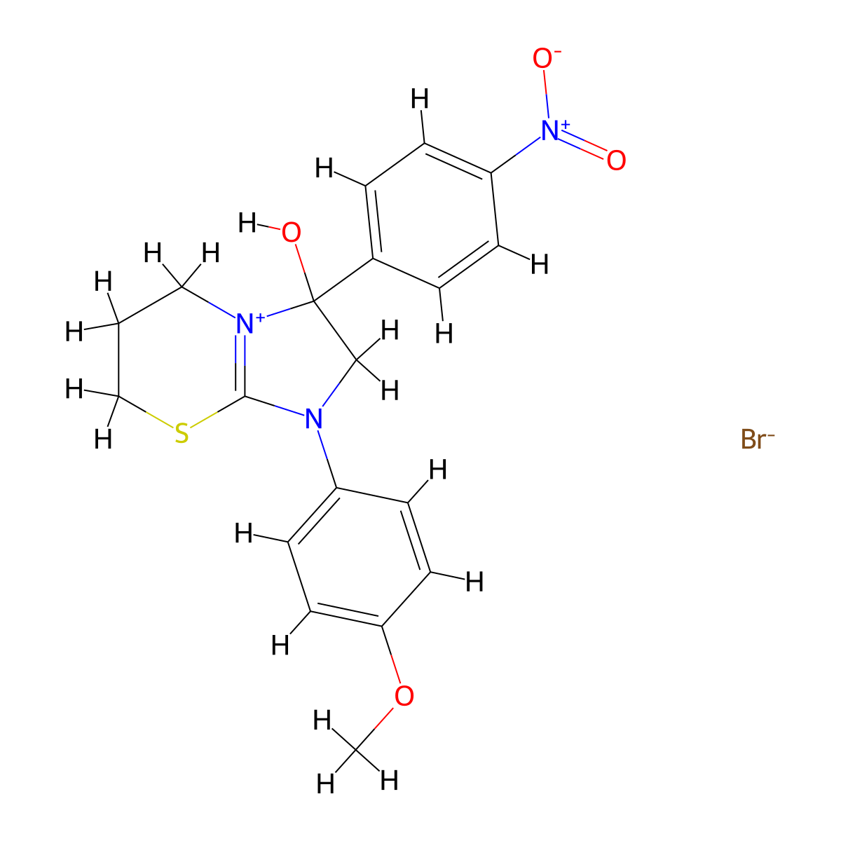 3-hydroxy-1-(4-methoxyphenyl)-3-(4-nitrophenyl)-3,5,6,7-tetrahydro-2H-imidazo[2,1-b][1,3]thiazin-1-ium bromide molecular structure, CAS 475158-21-5