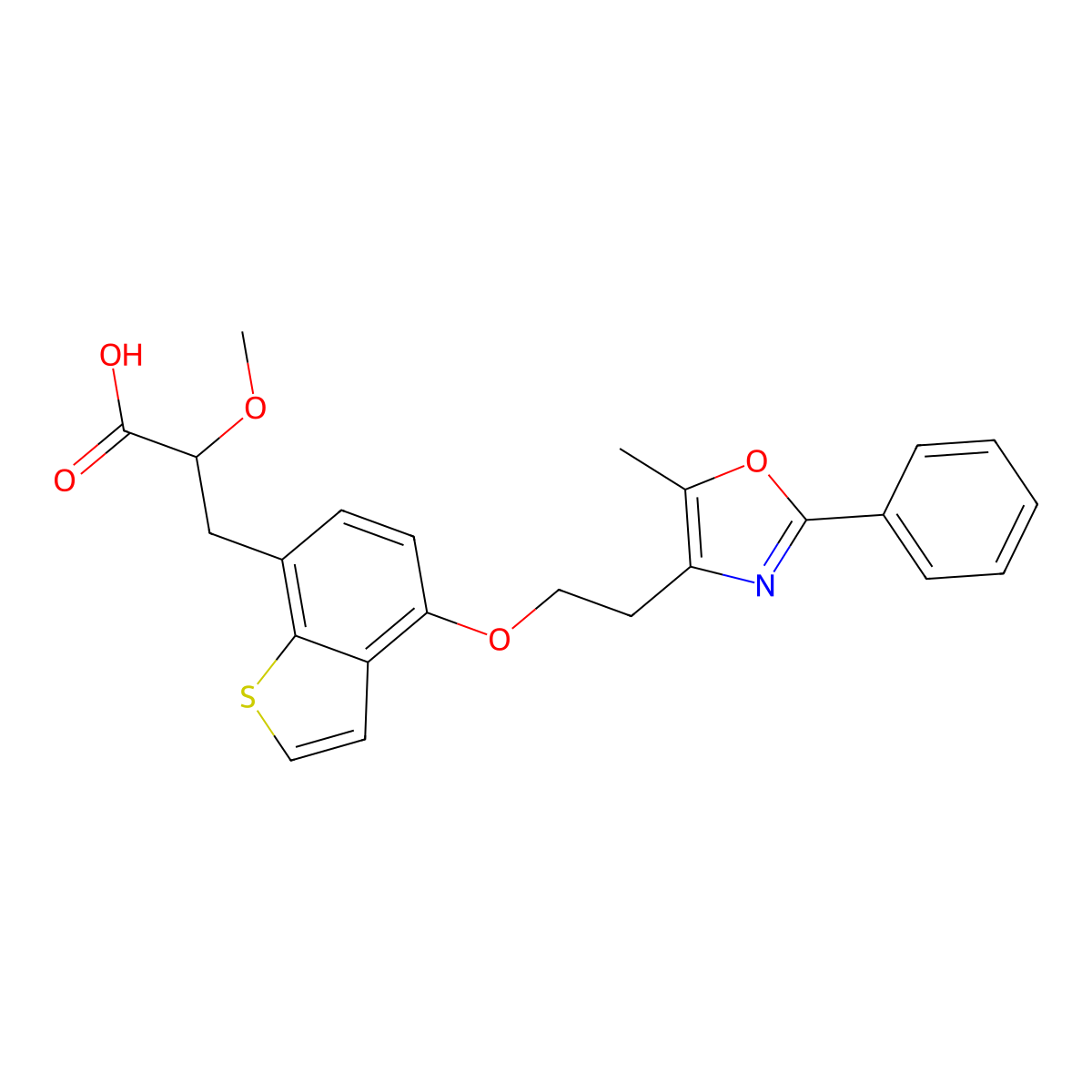 2-Methoxy-3-(4-(2-(5-methyl-2-phenyloxazol-4-yl)ethoxy)benzo[b]thiophen-7-yl)propanoic acid molecular structure, CAS 475479-24-4