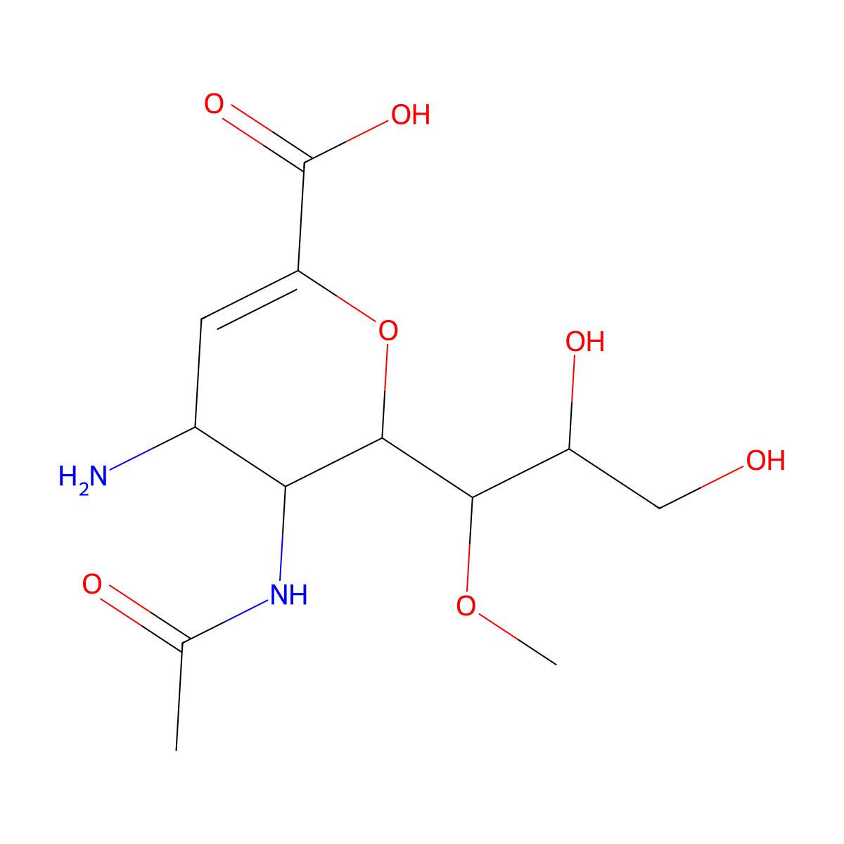 (4S,5R,6R)-5-Acetamido-4-amino-6-((1R,2R)-2,3-dihydroxy-1-methoxypropyl)-5,6-dihydro-4H-pyran-2-carboxylic Acid molecular structure, CAS 475483-21-7