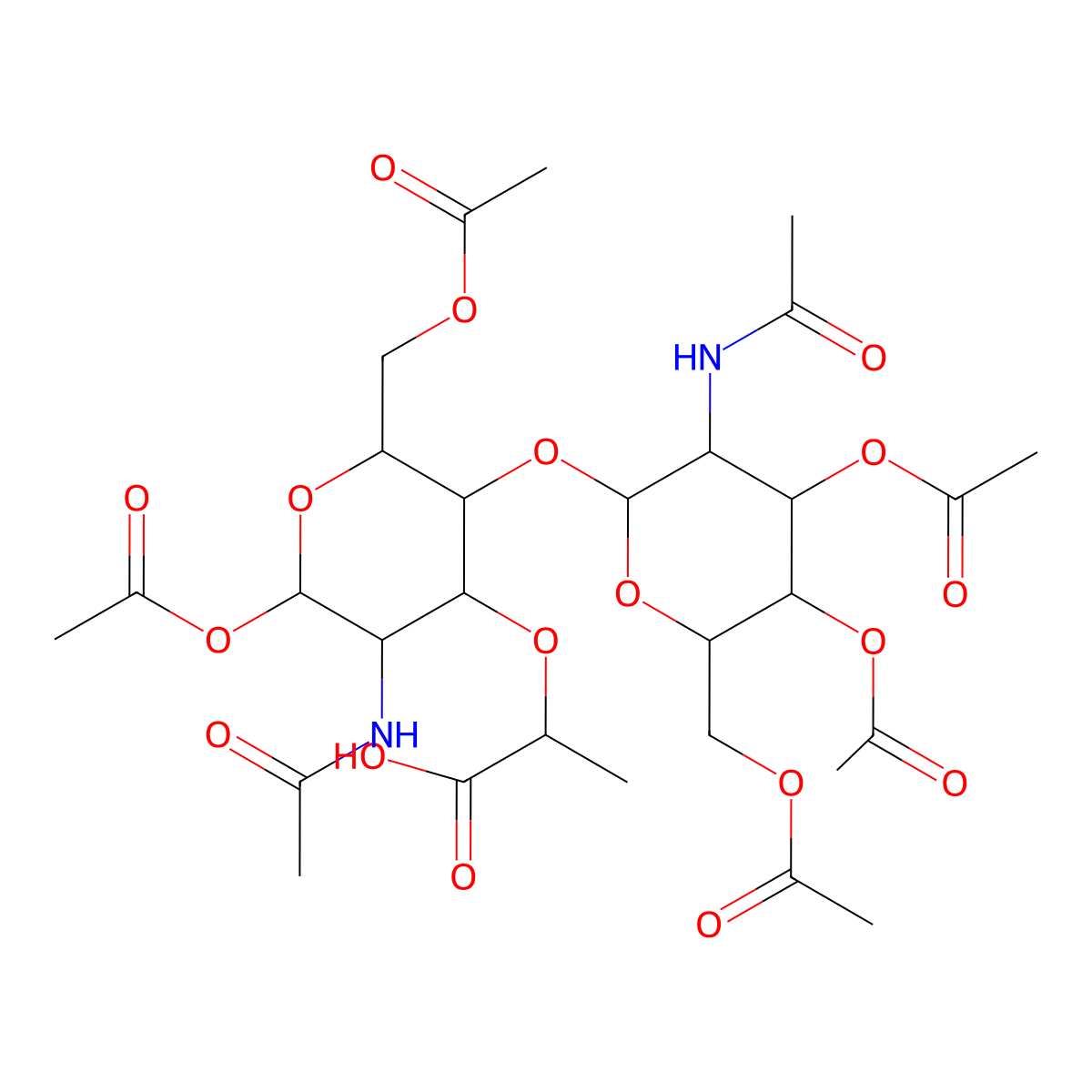 2-Acetamido-4-O-(2-acetamido-3,4,6-tri-O-acetyl-2-deoxy-beta-D-glucopyranosyl)-1,6-di-O-acetyl-3-O-[(1R)-1-carboxyethyl]-2-deoxy-alpha-D-glucopyranose molecular structure, CAS 475502-13-7