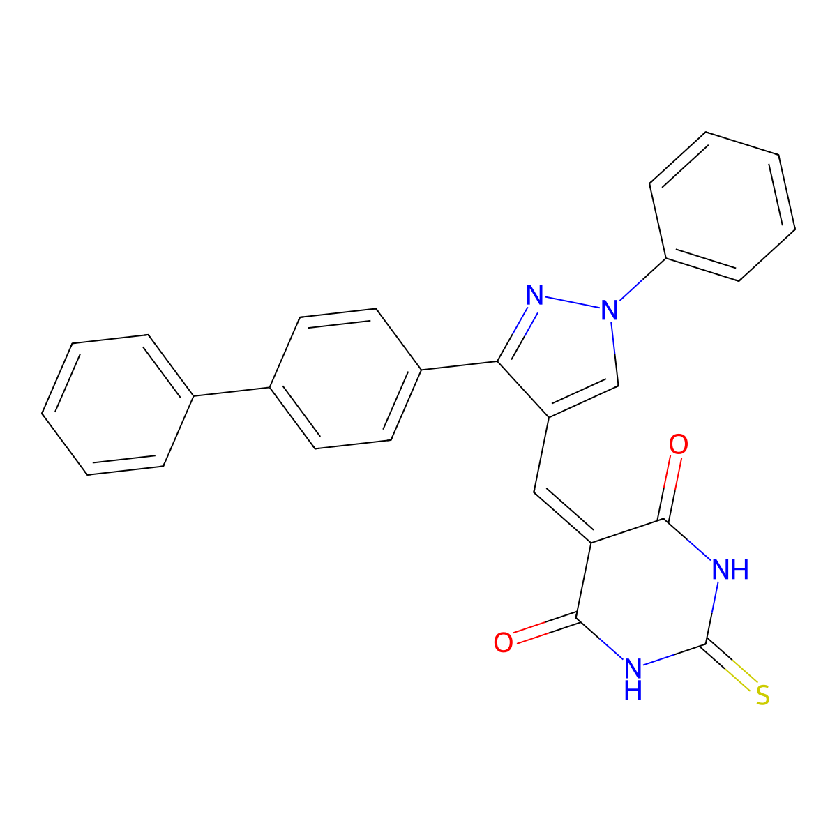 5-[[1-Phenyl-3-(4-phenylphenyl)pyrazol-4-yl]methylidene]-2-sulfanylidene-1,3-diazinane-4,6-dione molecular structure, CAS 475626-34-7
