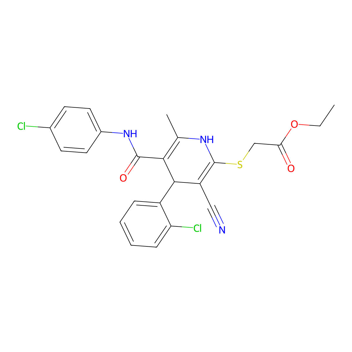 Ethyl ({4-(2-chlorophenyl)-5-[(4-chlorophenyl)carbamoyl]-3-cyano-6-methyl-1,4-dihydropyridin-2-yl}sulfanyl)acetate molecular structure, CAS 476210-12-5