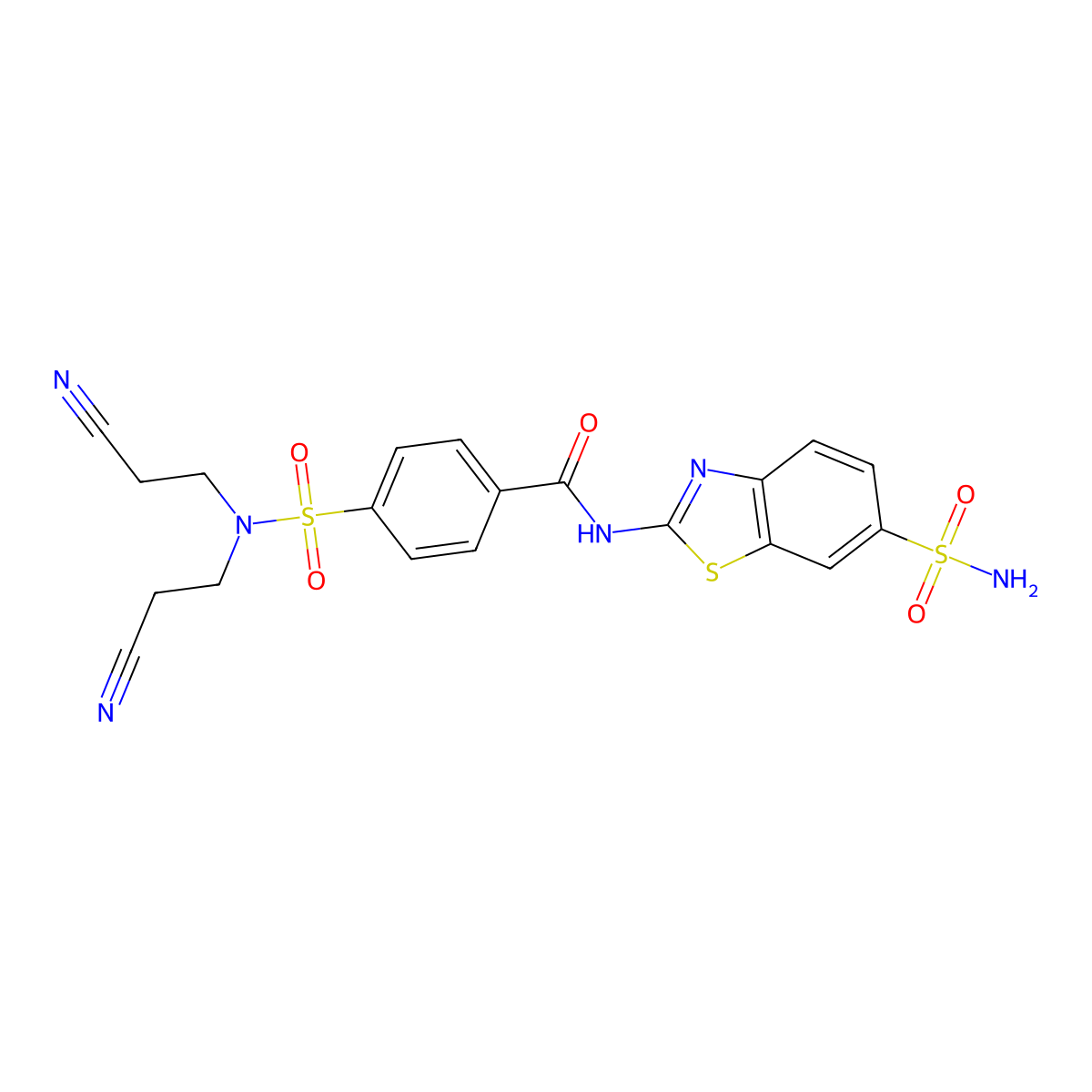 4-[bis(2-cyanoethyl)sulfamoyl]-N-(6-sulfamoyl-1,3-benzothiazol-2-yl)benzamide molecular structure, CAS 476275-24-8