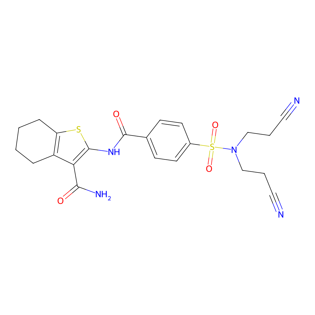 2-(4-(N,N-bis(2-cyanoethyl)sulfamoyl)benzamido)-4,5,6,7-tetrahydrobenzo[b]thiophene-3-carboxamide molecular structure, CAS 476275-41-9