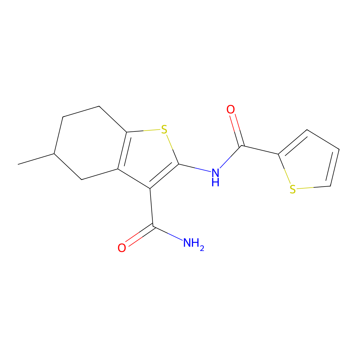 5-Methyl-2-(thiophene-2-carboxamido)-4,5,6,7-tetrahydrobenzo[b]thiophene-3-carboxamide molecular structure, CAS 476280-28-1