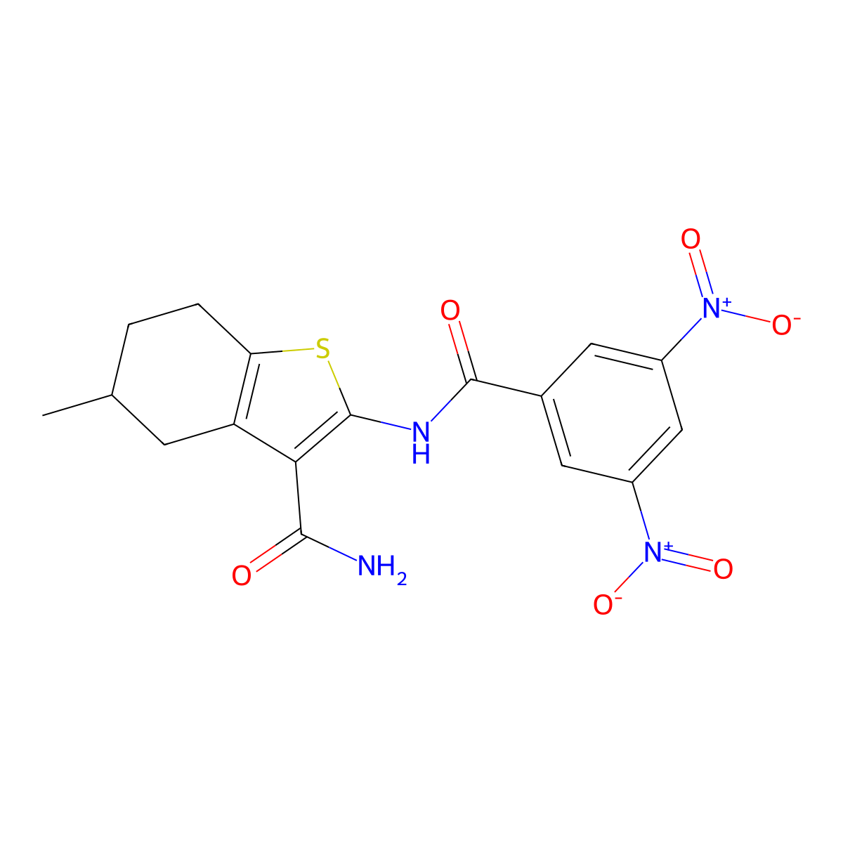 2-(3,5-Dinitrobenzamido)-5-methyl-4,5,6,7-tetrahydrobenzo[b]thiophene-3-carboxamide molecular structure, CAS 476280-30-5