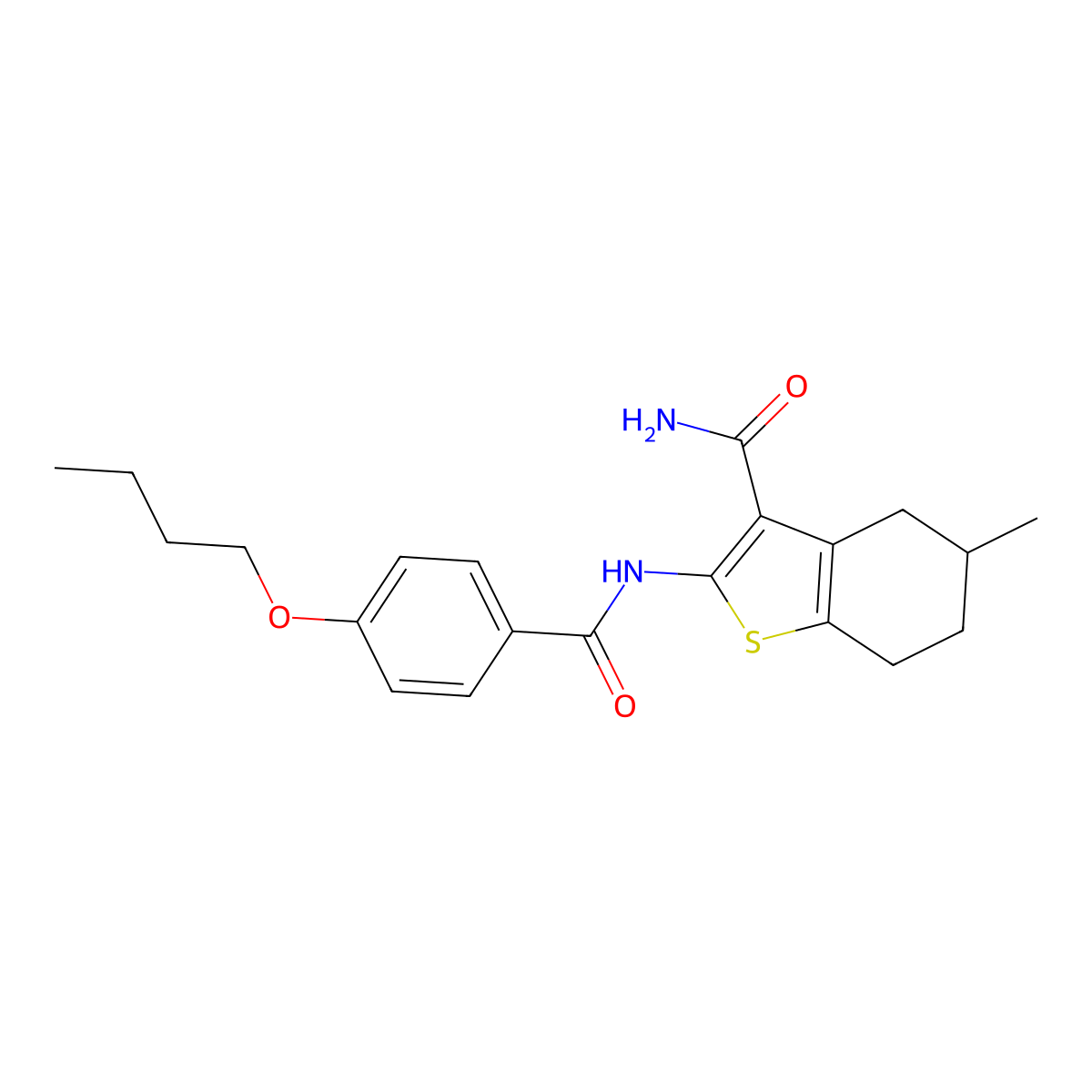2-(4-Butoxybenzamido)-5-methyl-4,5,6,7-tetrahydrobenzo[b]thiophene-3-carboxamide molecular structure, CAS 476280-32-7