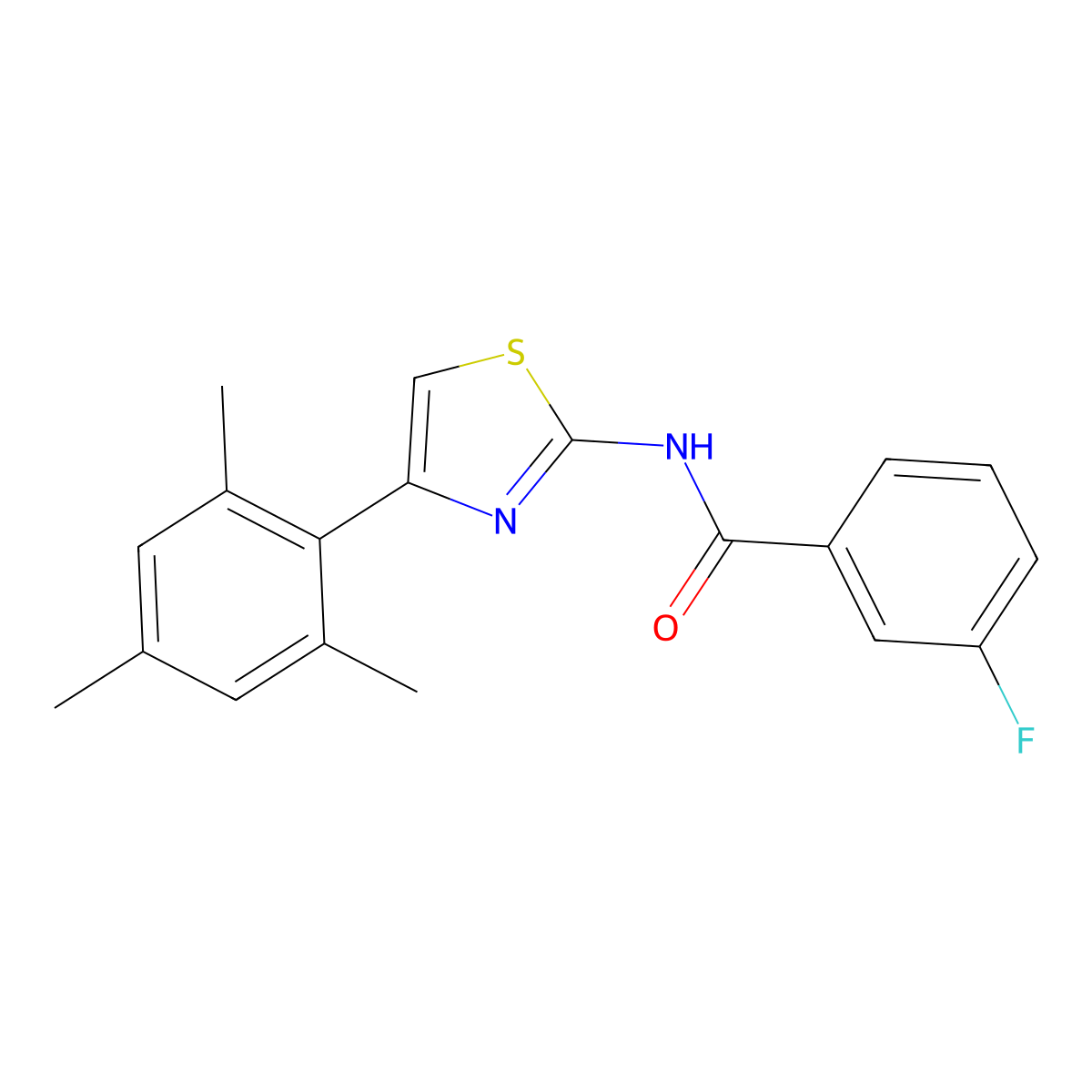 3-fluoro-N-[4-(2,4,6-trimethylphenyl)-1,3-thiazol-2-yl]benzamide molecular structure, CAS 476283-23-5