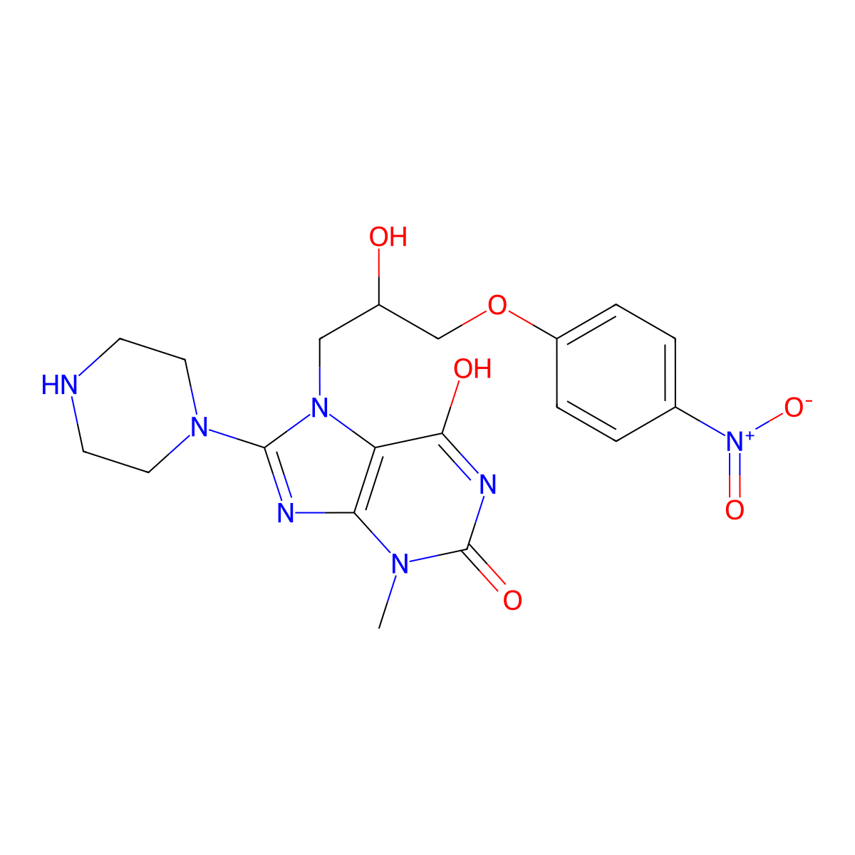 7-(2-hydroxy-3-(4-nitrophenoxy)propyl)-3-methyl-8-(piperazin-1-yl)-1H-purine-2,6(3H,7H)-dione molecular structure, CAS 476294-12-9