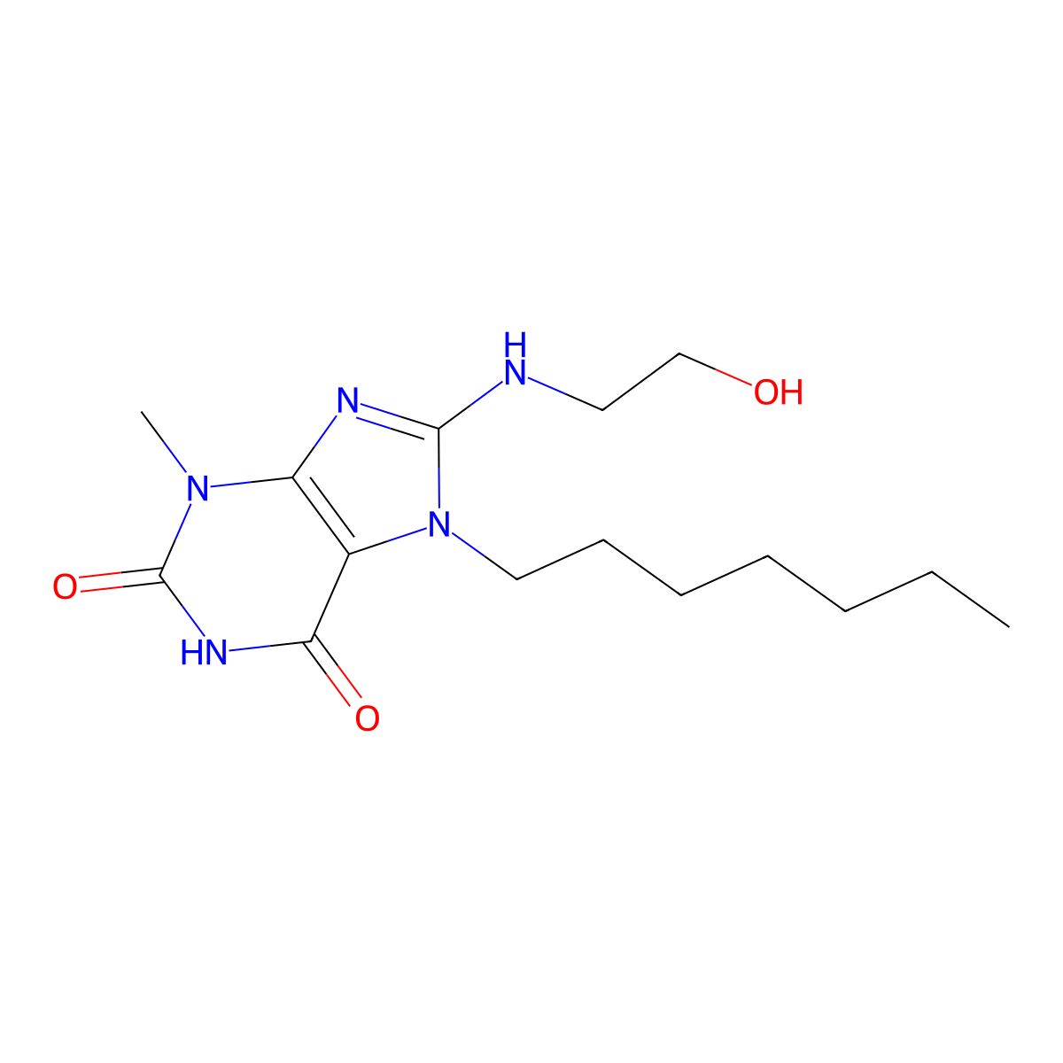 7-Heptyl-8-(2-hydroxyethylamino)-3-methylpurine-2,6-dione molecular structure, CAS 476294-48-1