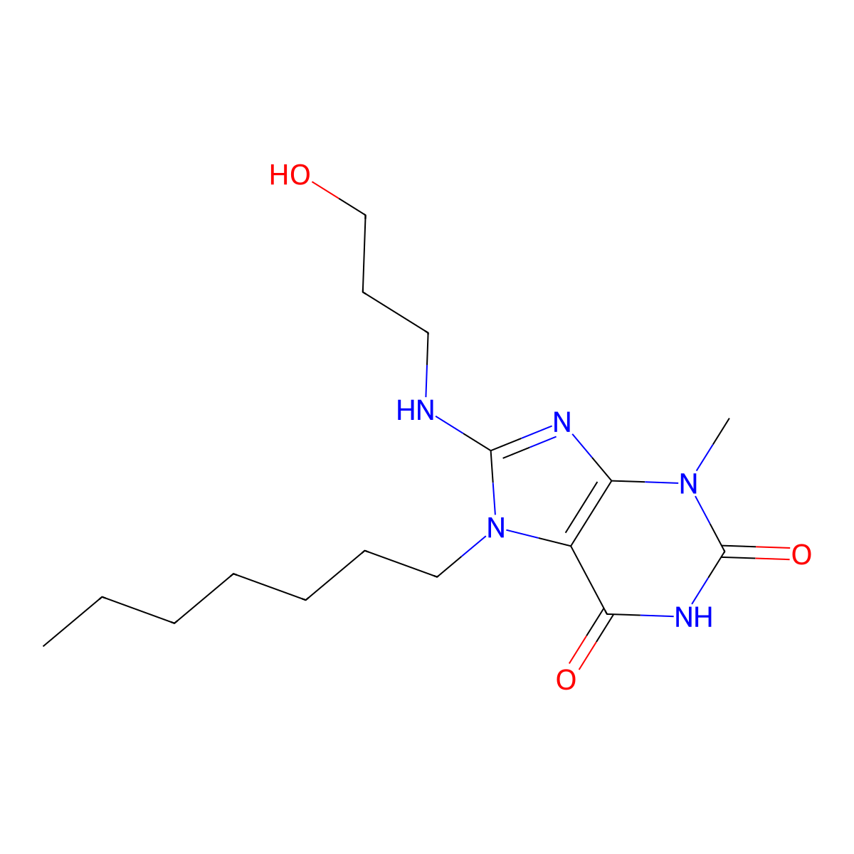 7-heptyl-8-((3-hydroxypropyl)amino)-3-methyl-1H-purine-2,6(3H,7H)-dione molecular structure, CAS 476294-49-2