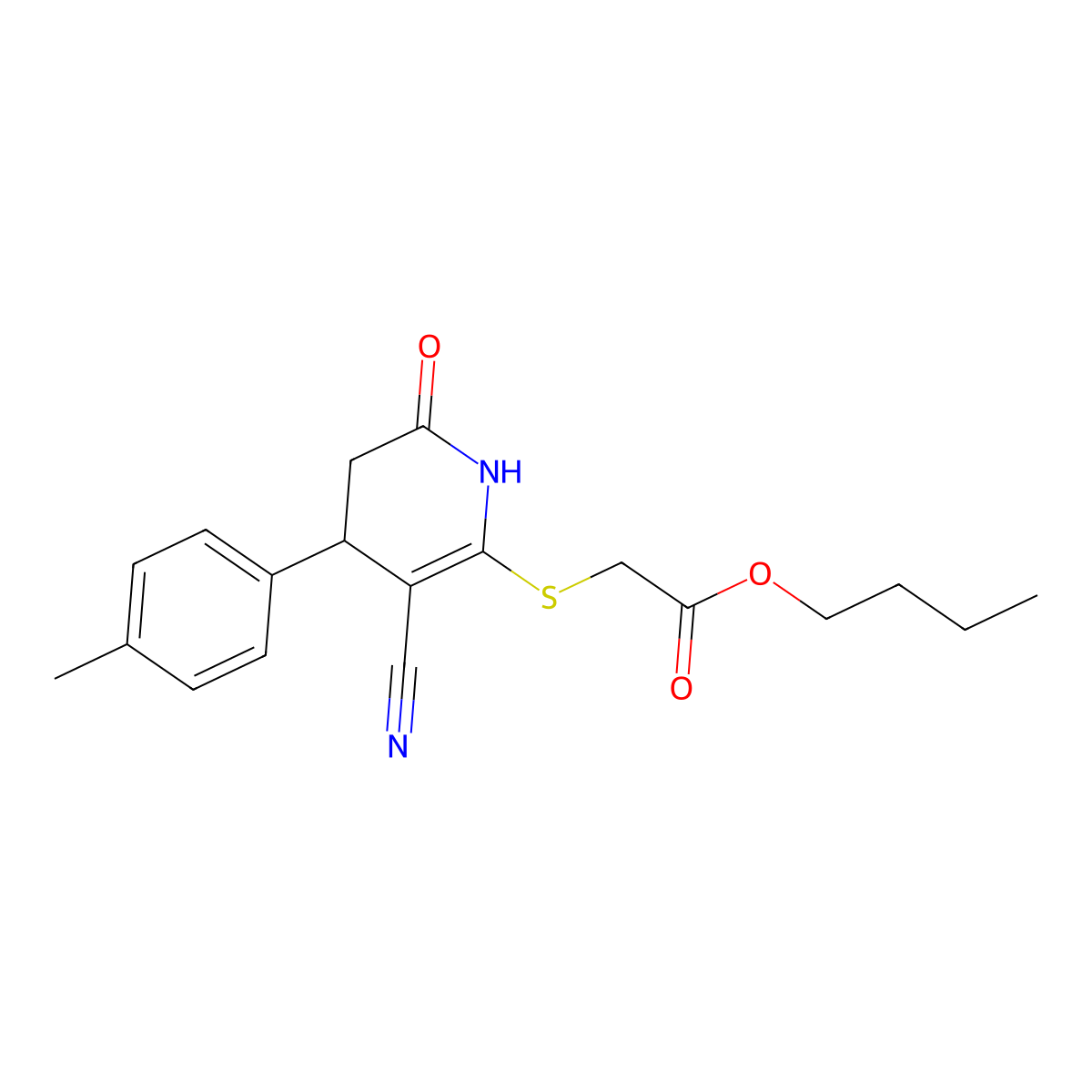 Butyl 2-((3-cyano-6-oxo-4-(p-tolyl)-1,4,5,6-tetrahydropyridin-2-yl)thio)acetate molecular structure, CAS 476298-88-1