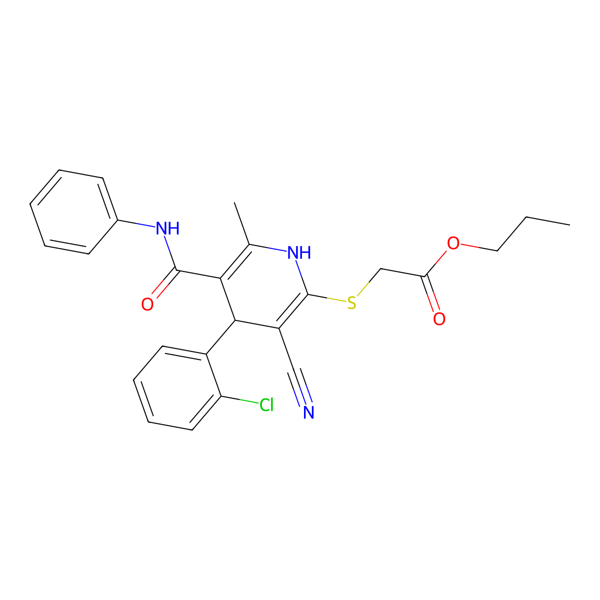 Propyl {[4-(2-chlorophenyl)-3-cyano-6-methyl-5-(phenylcarbamoyl)-1,4-dihydropyridin-2-yl]sulfanyl}acetate molecular structure, CAS 476305-70-1