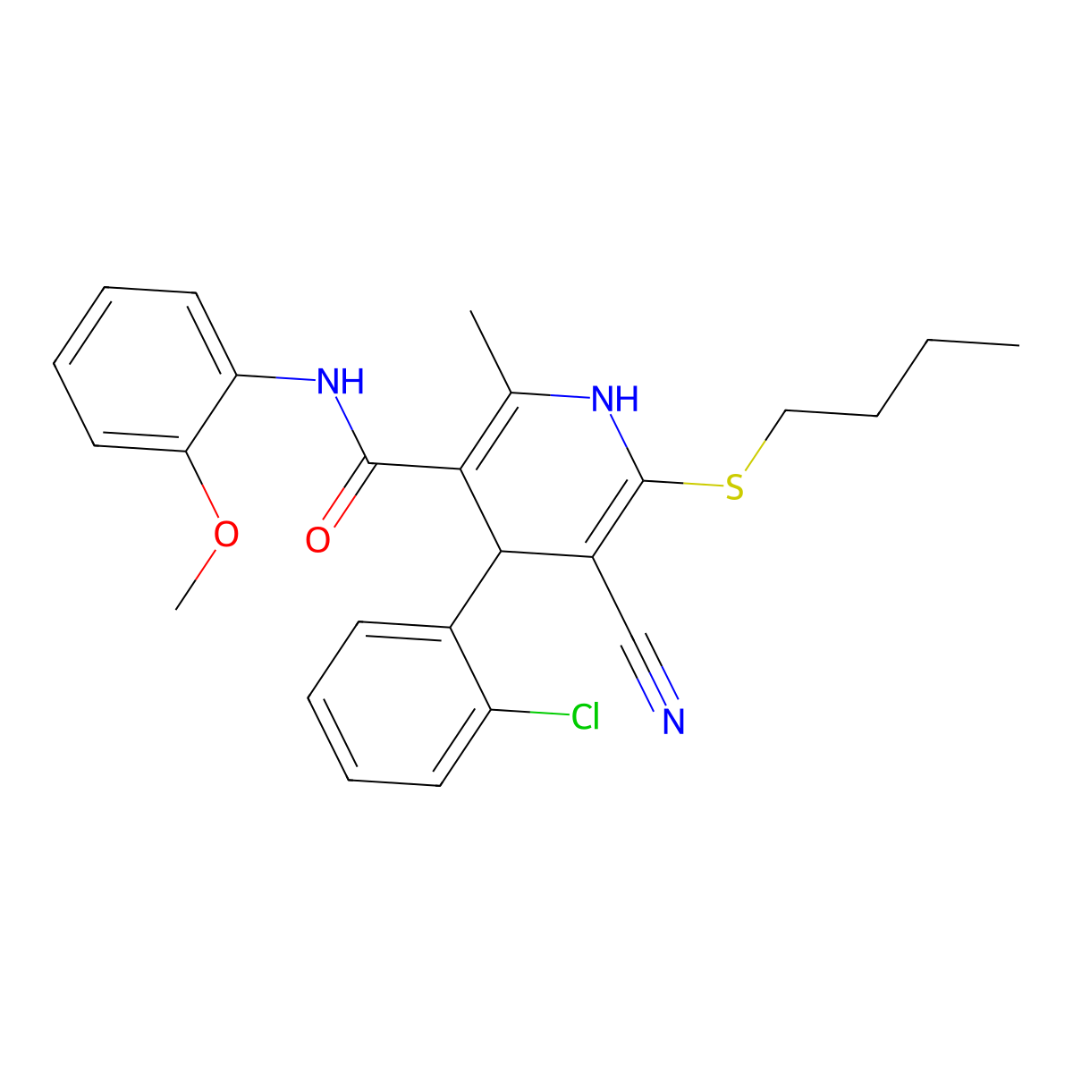 6-(butylthio)-4-(2-chlorophenyl)-5-cyano-N-(2-methoxyphenyl)-2-methyl-1,4-dihydropyridine-3-carboxamide molecular structure, CAS 476305-74-5
