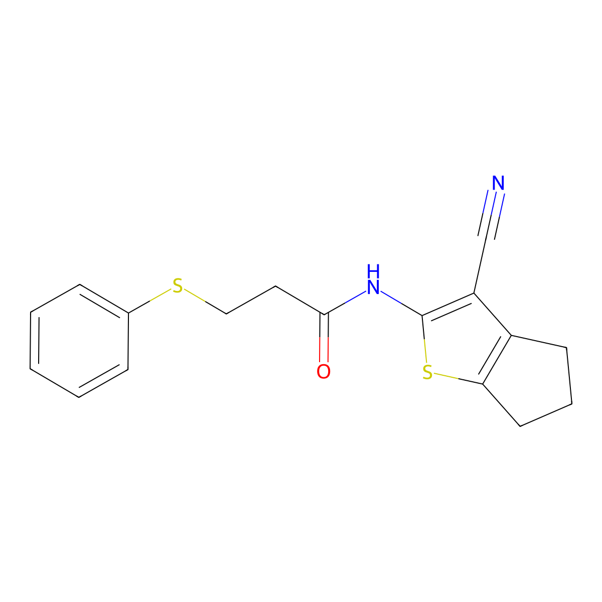 N-(3-cyano-5,6-dihydro-4H-cyclopenta[b]thiophen-2-yl)-3-phenylsulfanylpropanamide molecular structure, CAS 476307-41-2