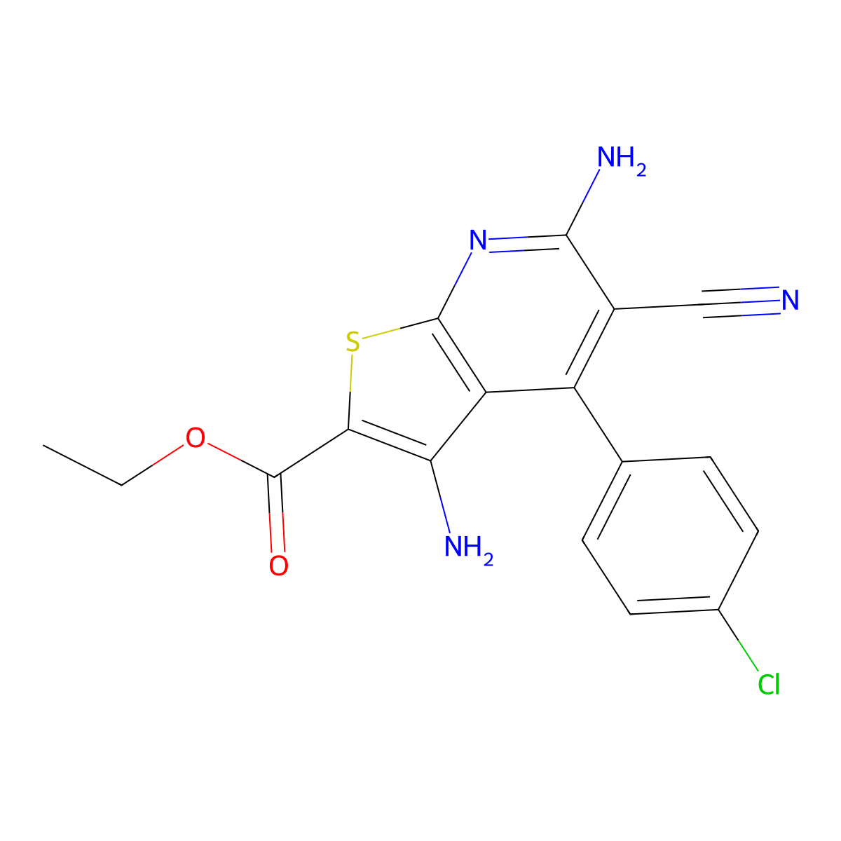 Ethyl 3,6-diamino-4-(4-chlorophenyl)-5-cyanothieno[2,3-b]pyridine-2-carboxylate molecular structure, CAS 476318-45-3